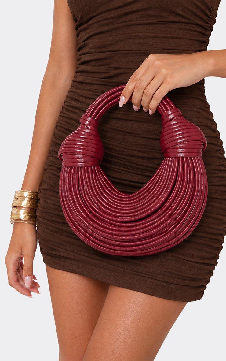 Shining Knotted Strap Grab Bag In Burgundy Faux Leather