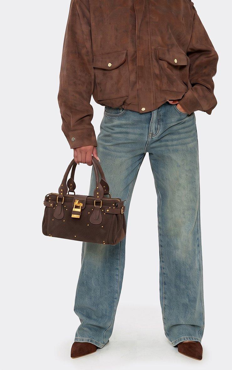 Store Studded Lock Detail Shaped Grab Bag In Brown Faux Suede.