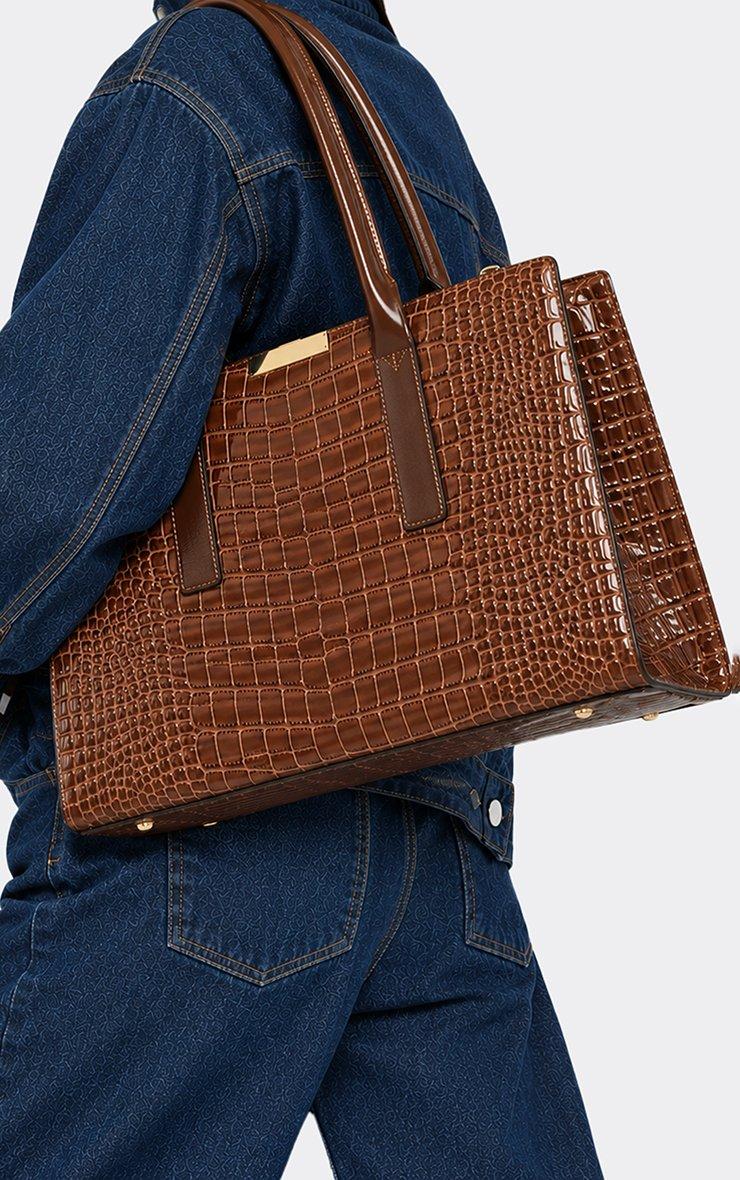 Garrett Tote Bag In Brown Croc Print Patent