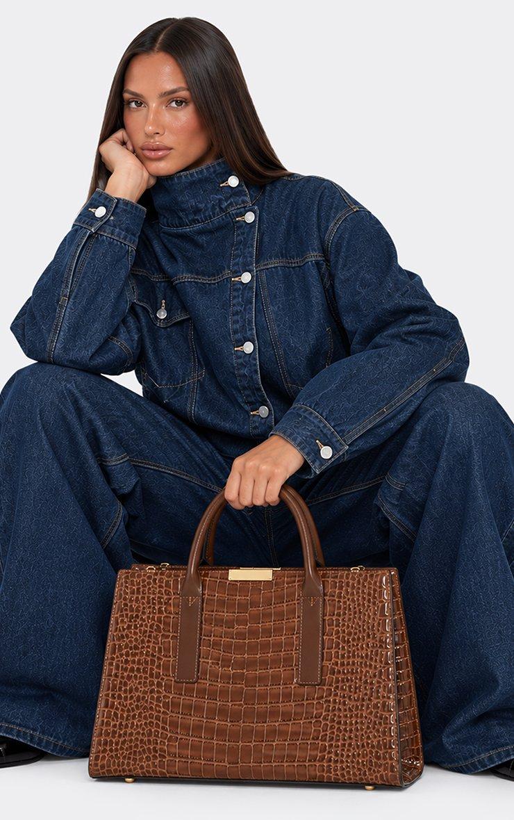 Garrett Tote Bag In Brown Croc Print Patent