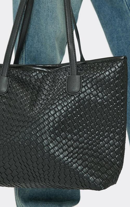Eddy Lock Detail Contrast Woven Tote Bag In Brown Faux Leather