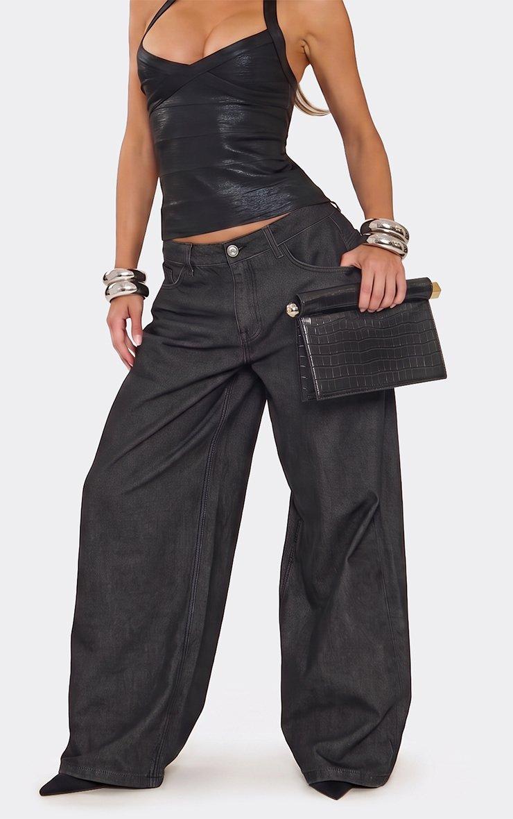 Forbes Bar Detail Rectangle Shaped Clutch Bag In Black Croc Print Patent.