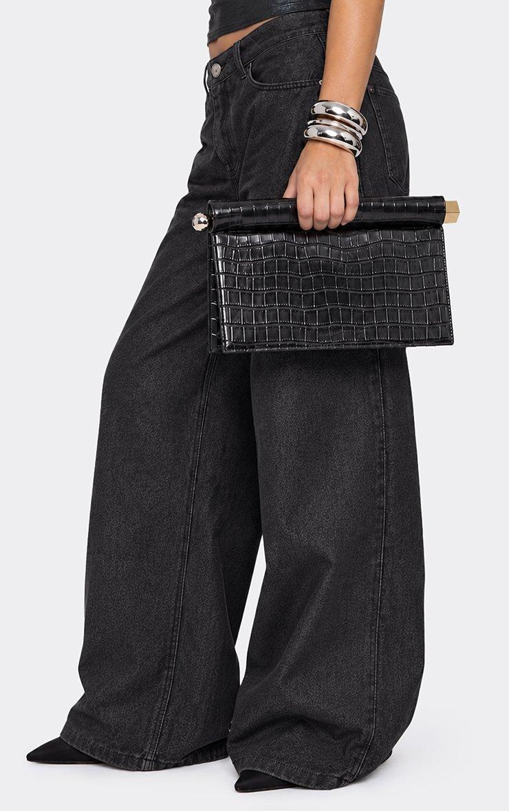 Forbes Bar Detail Rectangle Shaped Clutch Bag In Black Croc Print Patent
