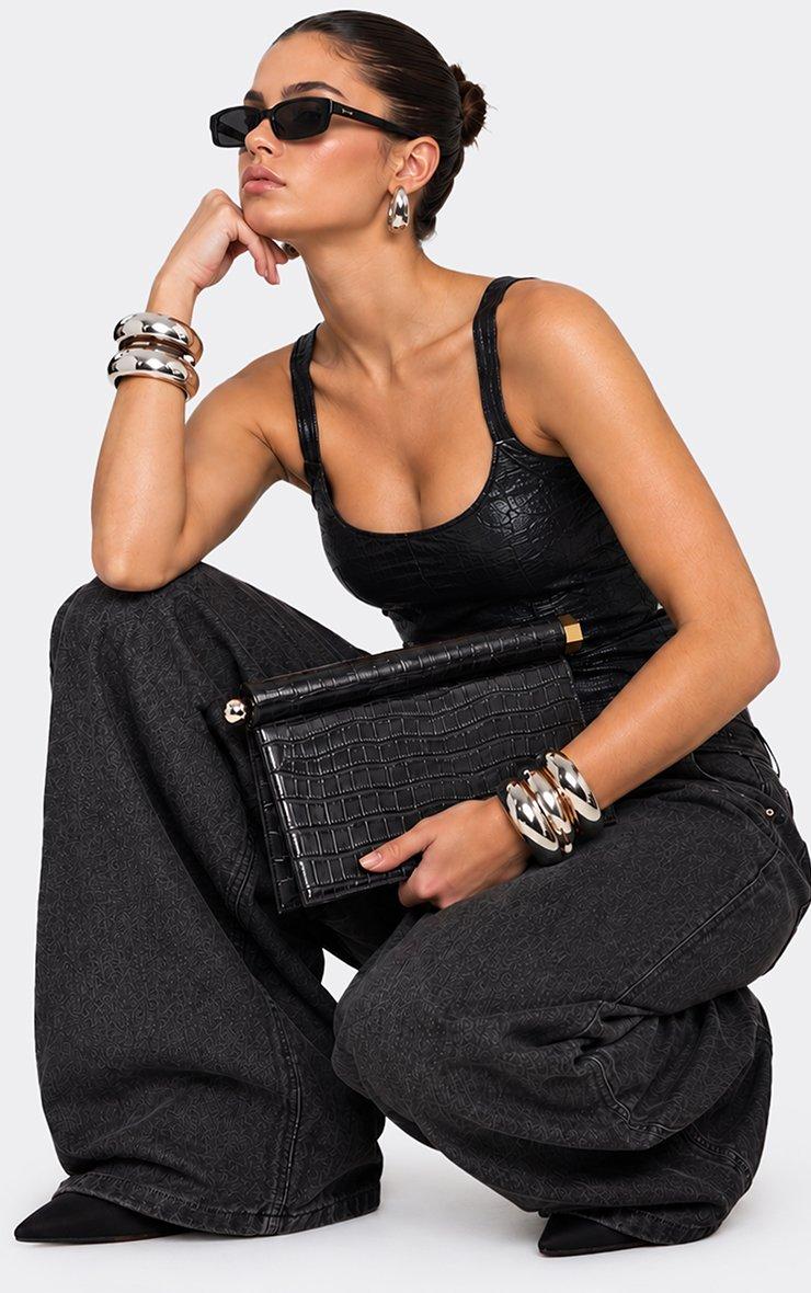 Forbes Bar Detail Rectangle Shaped Clutch Bag In Black Croc Print Patent