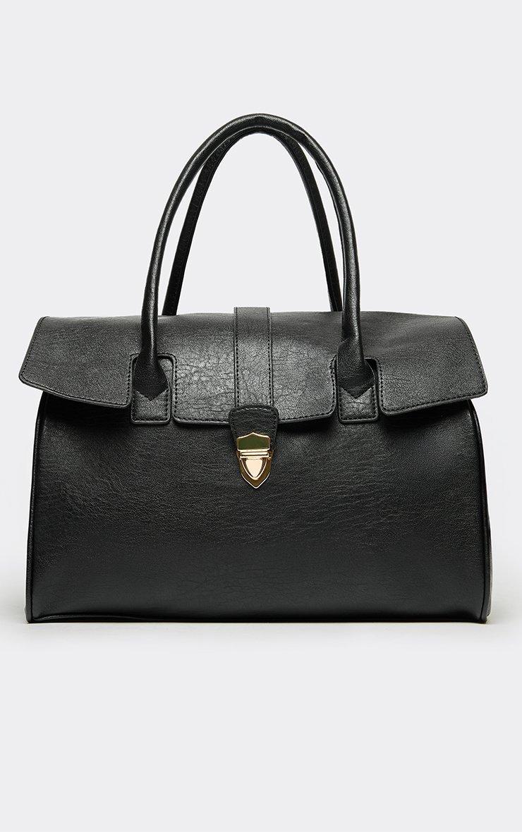 Ruby Clasp Fastening Shaped Tote Bag In Black Faux Leather