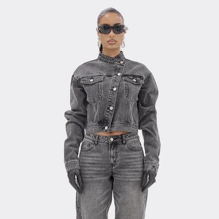 High Neck Asymmetric Button Detail Jacket In Washed Grey Denim, Women's Size US
