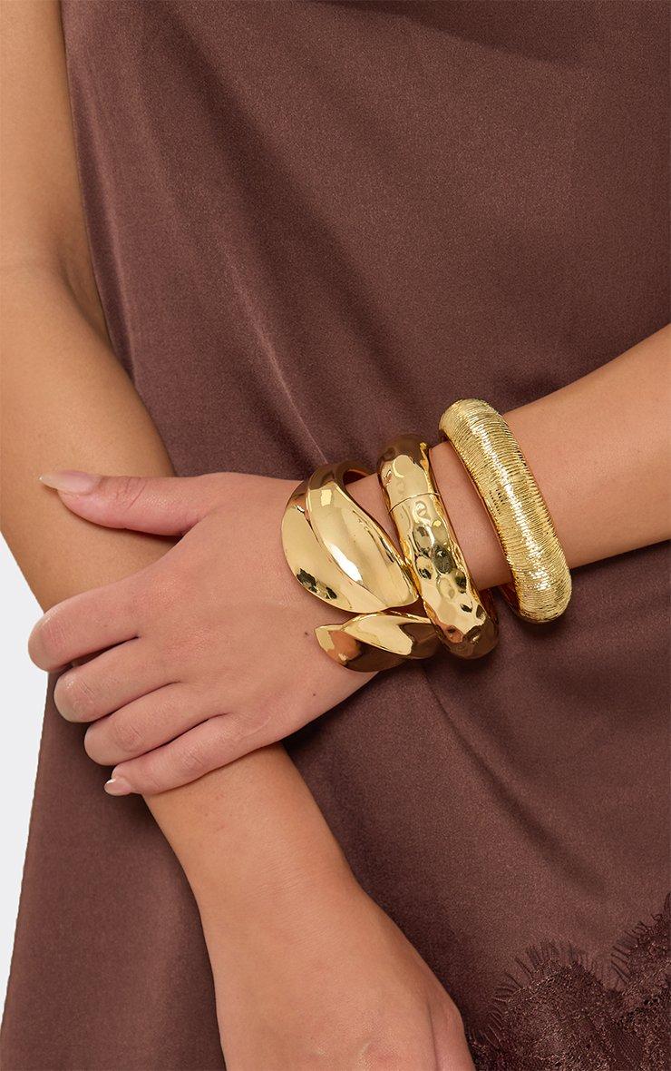 Cuff Textured Detail Chunky Multi Bangle Pack In Gold