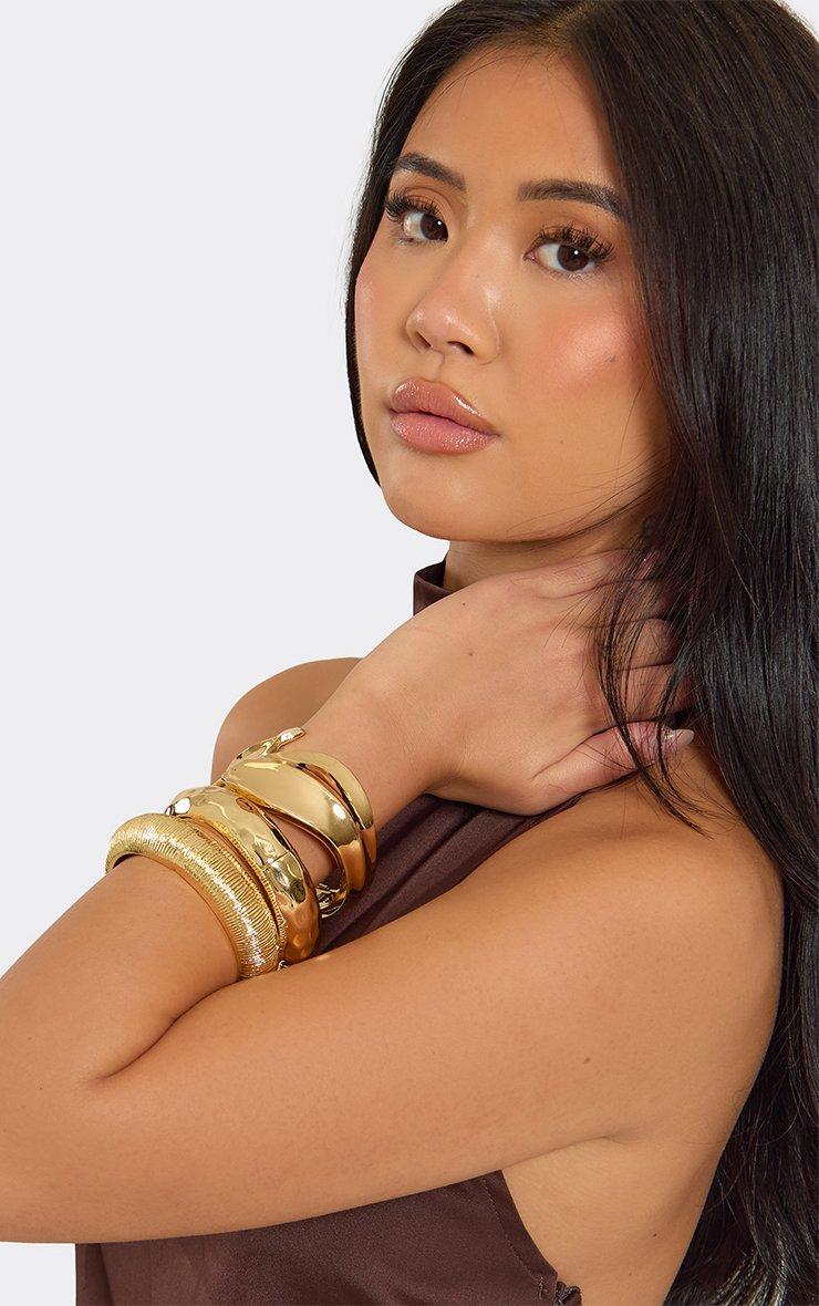 Cuff Textured Detail Chunky Multi Bangle Pack In Gold