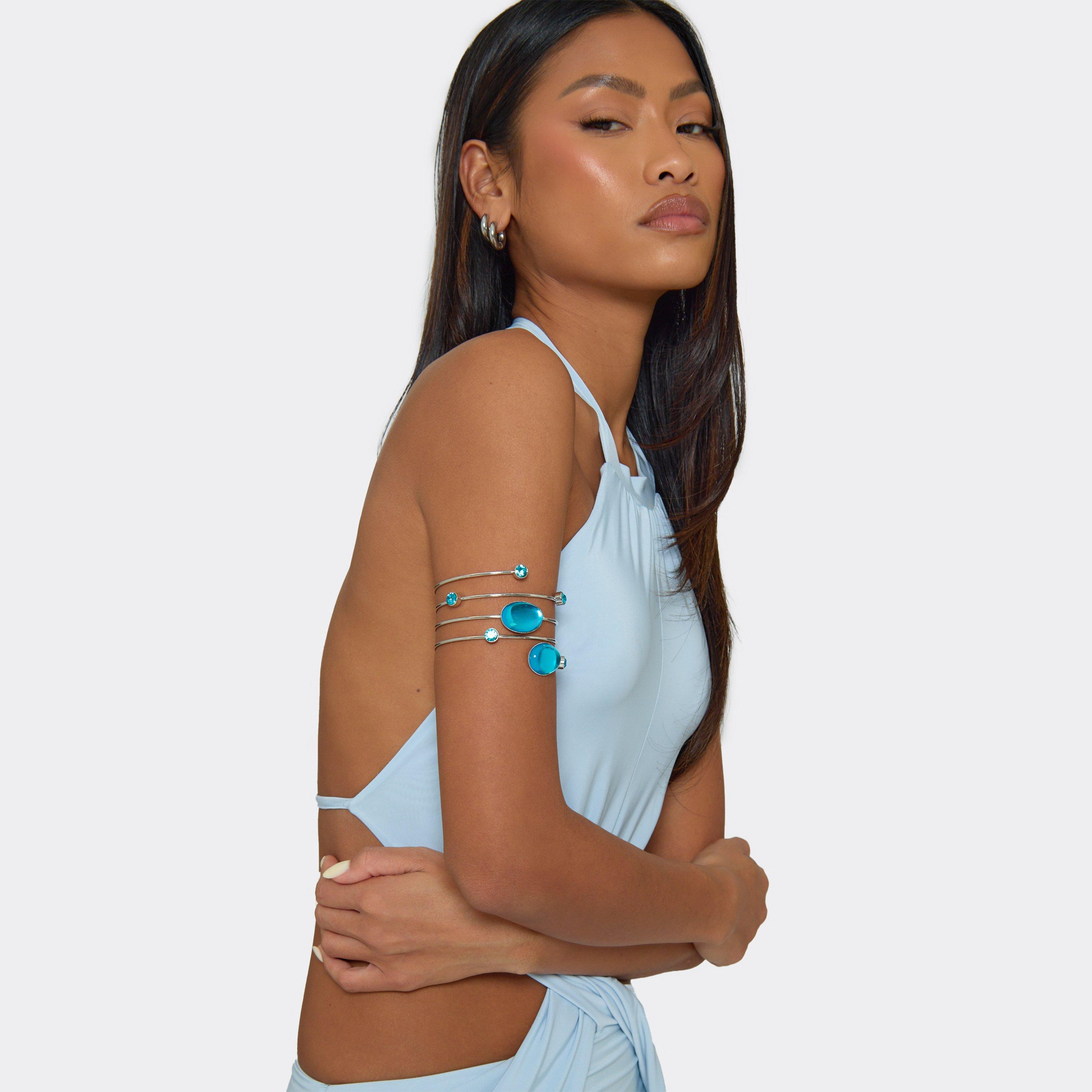 Blue Gem Detail Bangle Arm Cuff In Silver, Women's Size UK 0