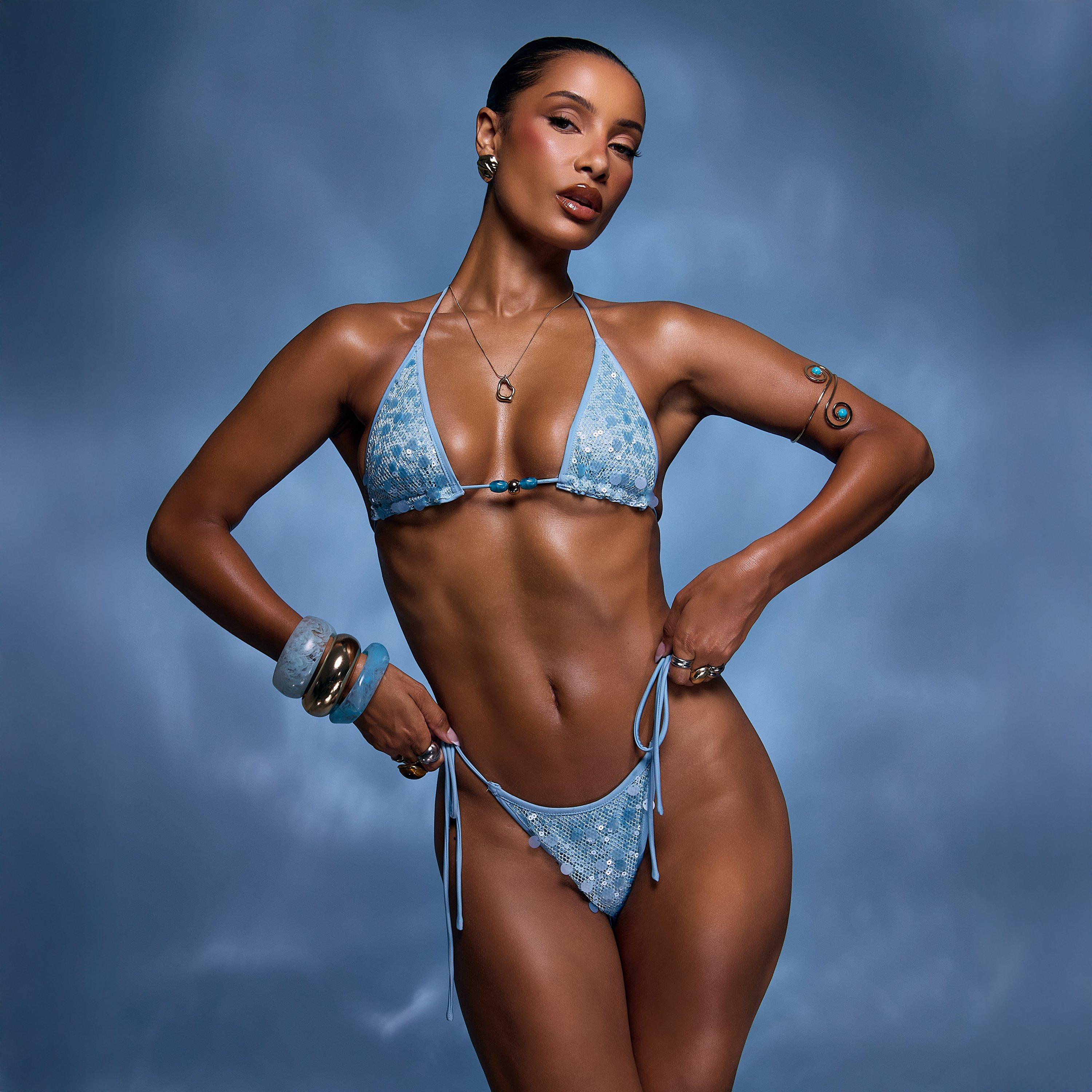 Triangle Tie Side Beaded Detail Bikini Set In Blue Sequin, Women's Size UK 6