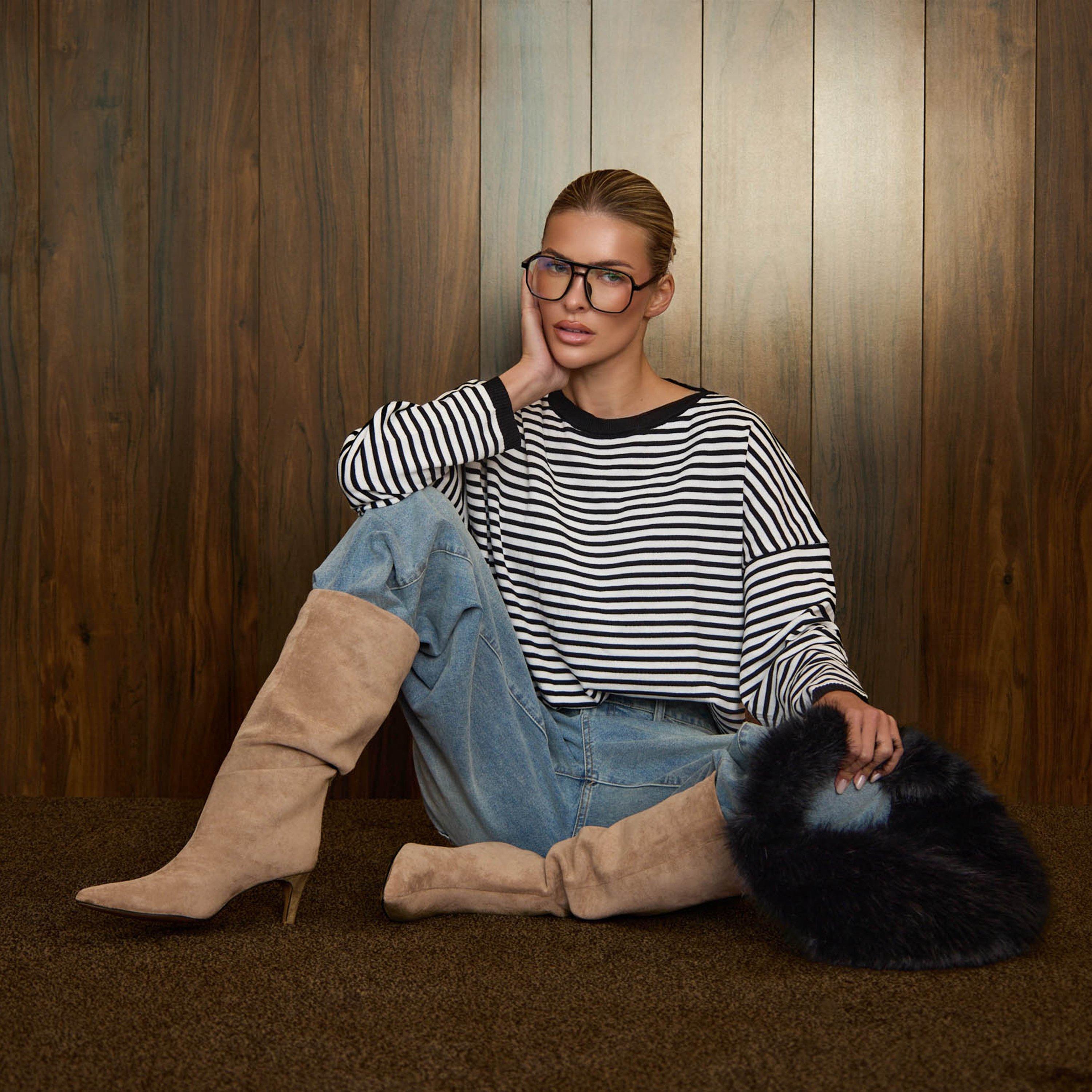 Special Pointed Toe Knee High Heeled Boot In Beige Faux Suede, Women's Size UK 8