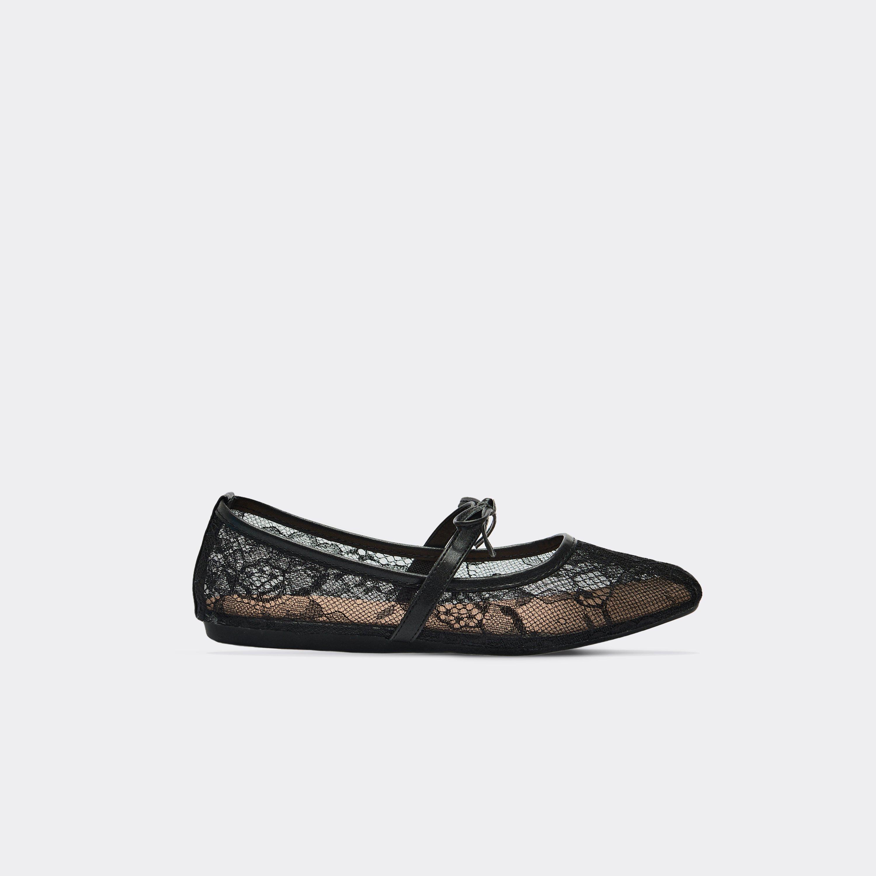 Brat Bow Detail Square Toe Flat Ballet Pump In Black Lace, Women's Size UK 3