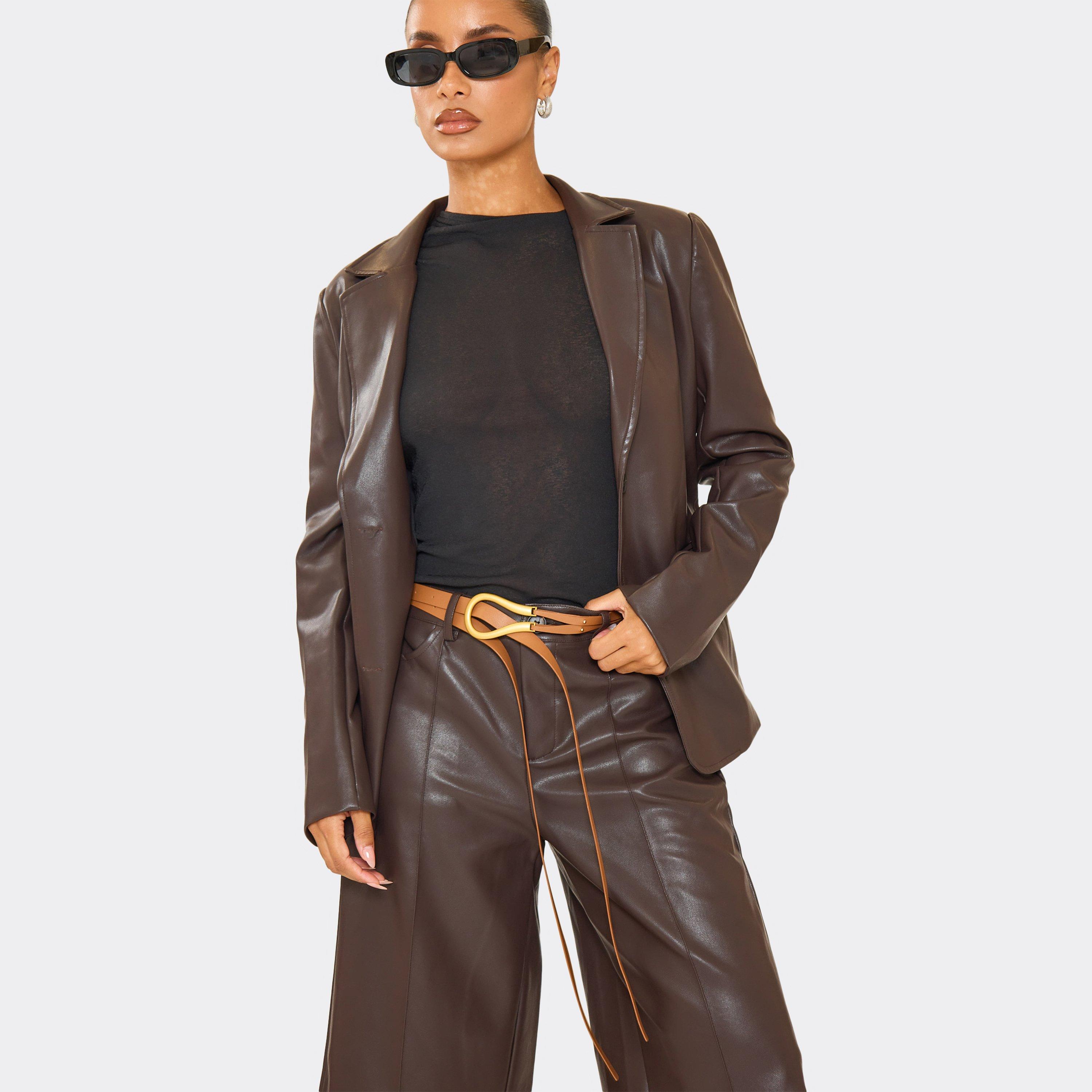 Thin Contrast Trim Detail Double Belt In Brown, Women's Size UK 0