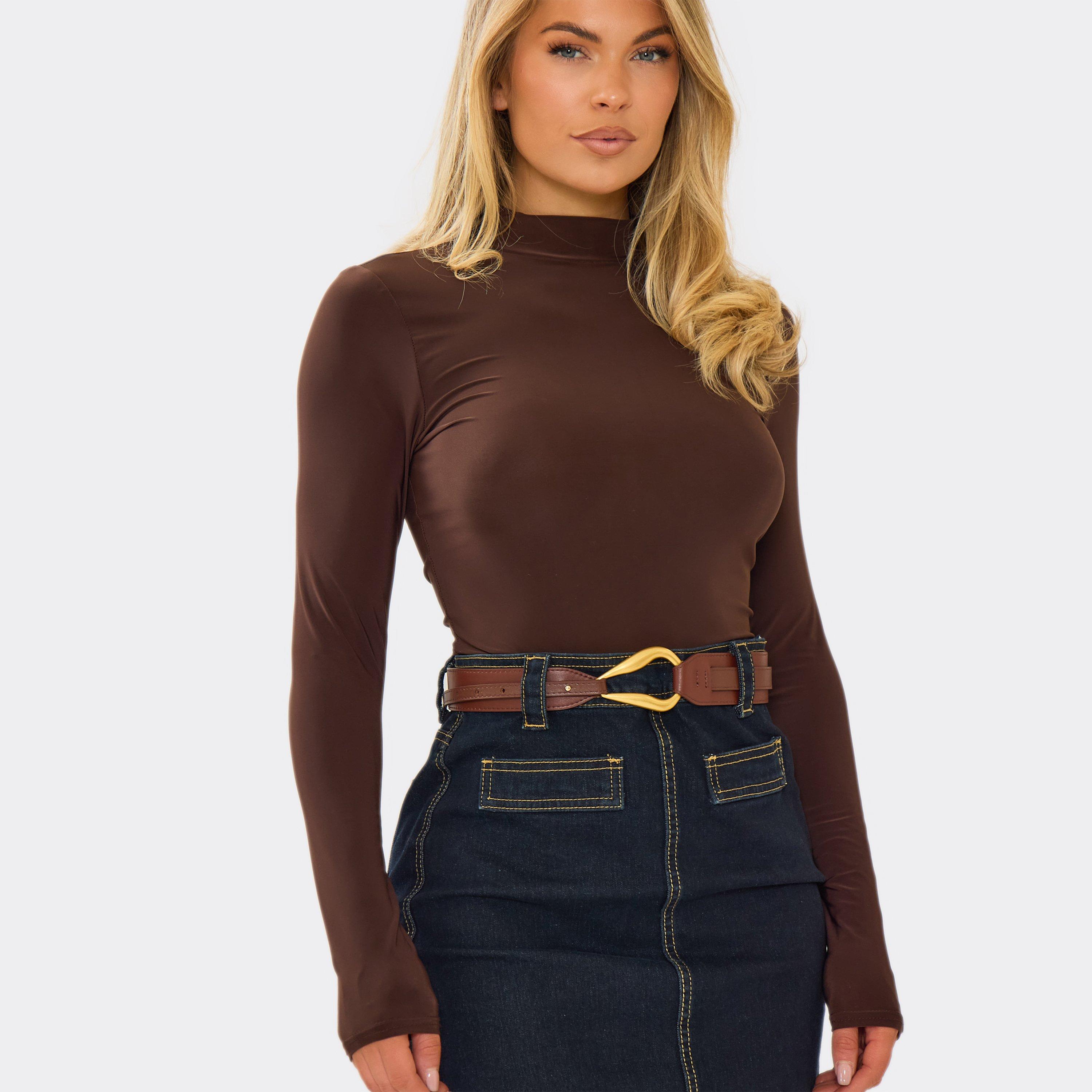 Contrast Buckle Detail Belt In Brown Faux Leather, Women’s