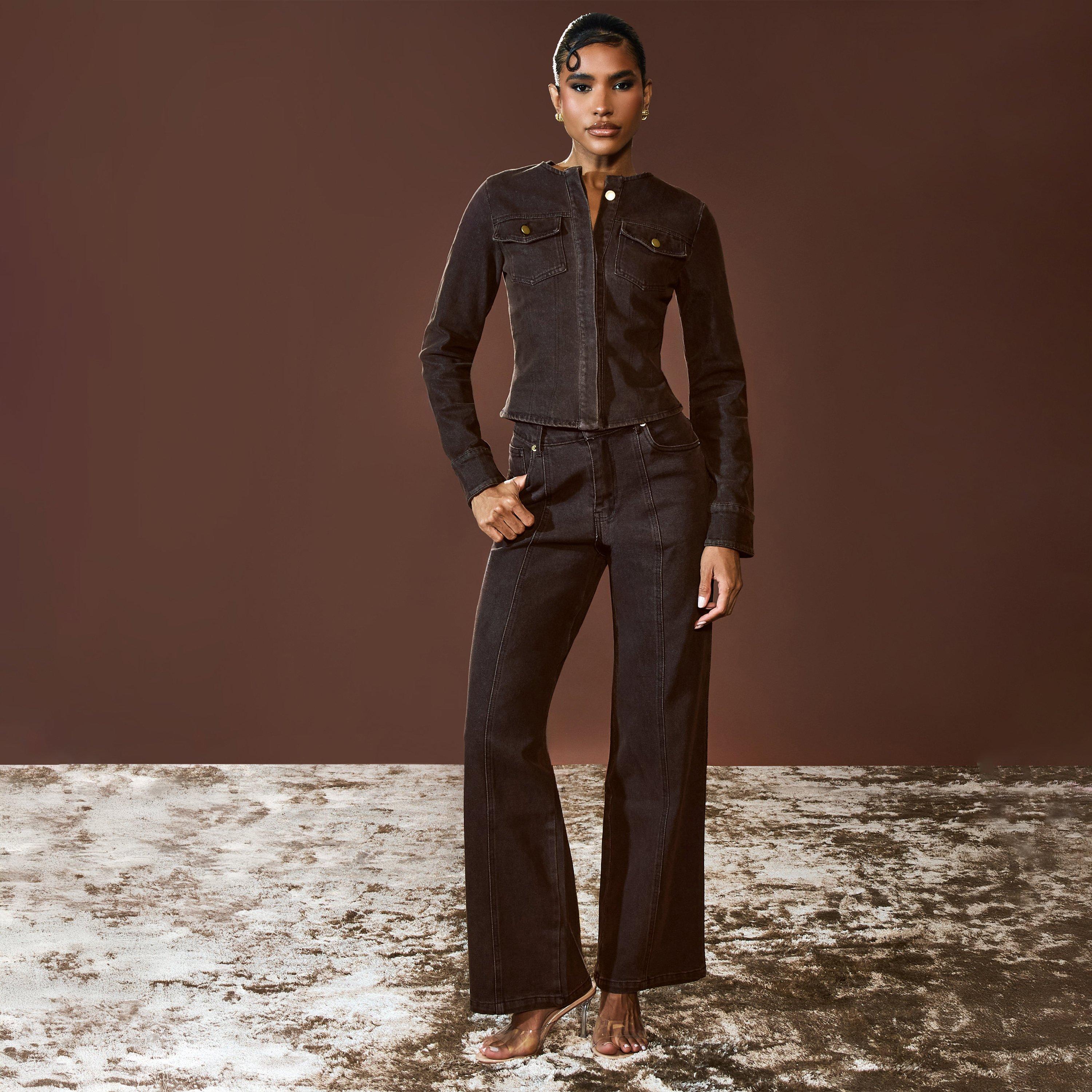 Mid Rise Seam Detail Wide Leg Jeans In Chocolate Brown Denim, Women's Size UK 6