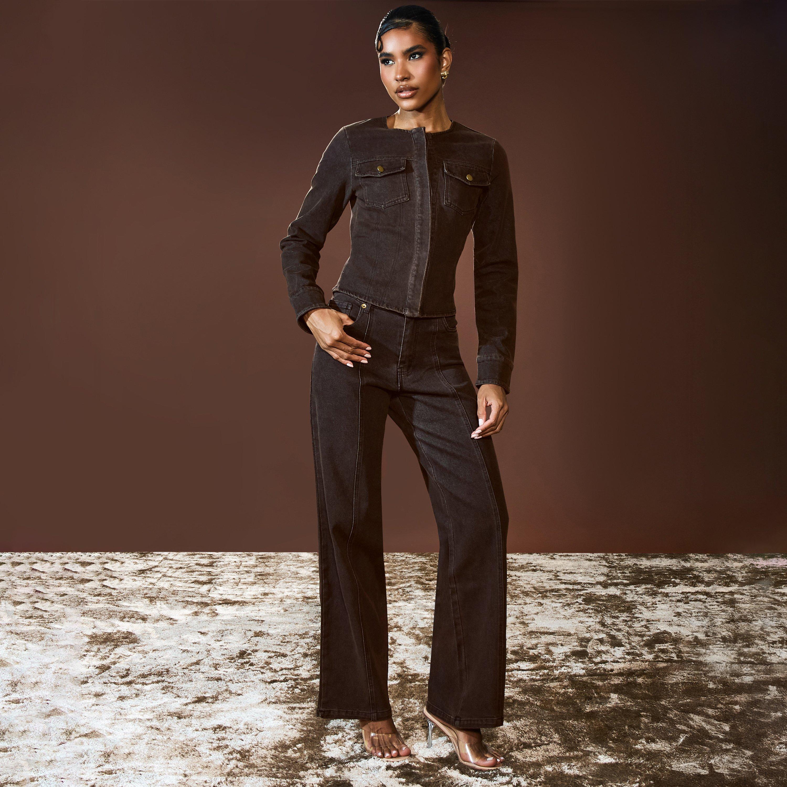 Image of Long Sleeve Button Down Cinched Waist Detail Top In Chocolate Brown Denim, Women's