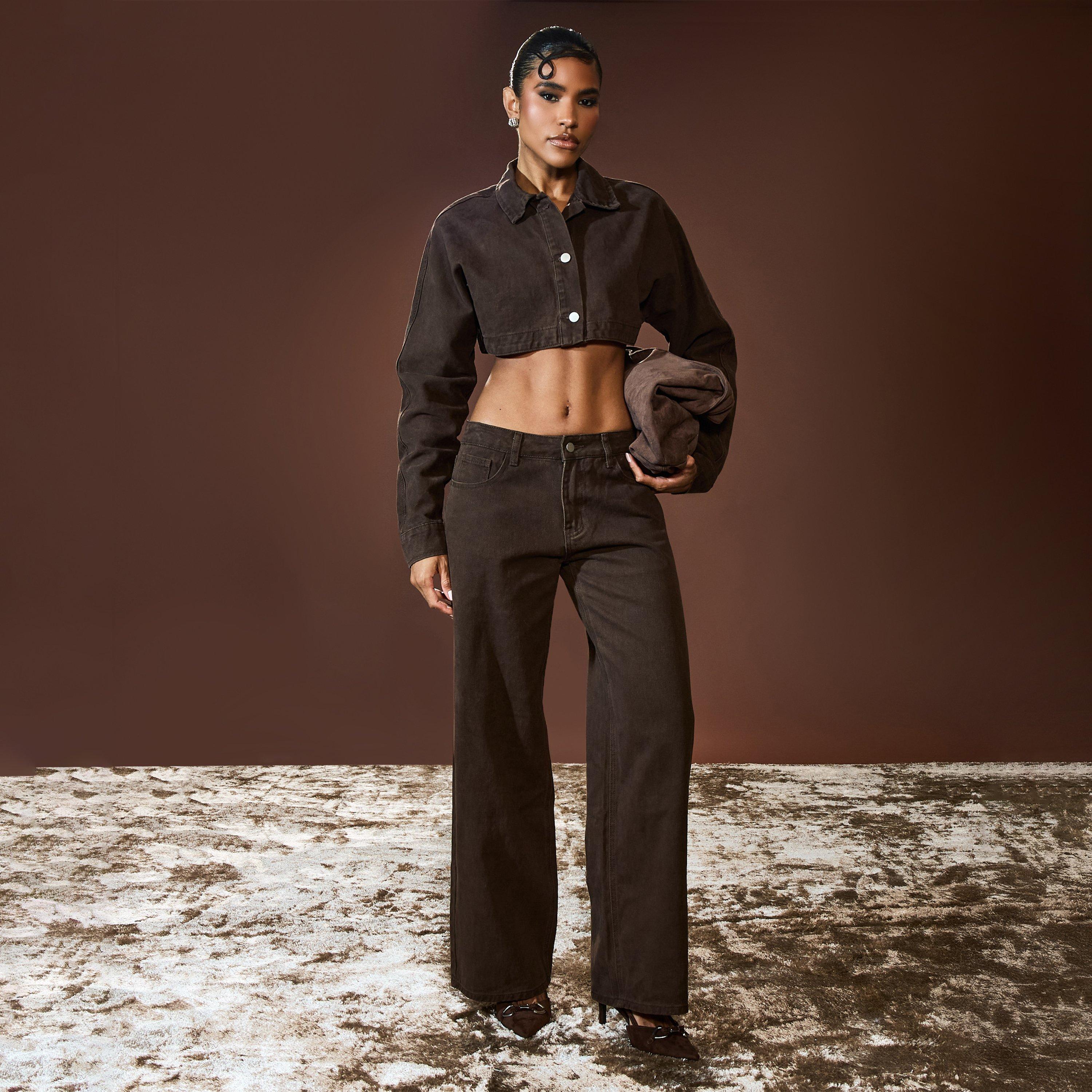 Long Sleeve Extreme Cropped Jacket In Chocolate Brown Denim, Women's Size UK 12