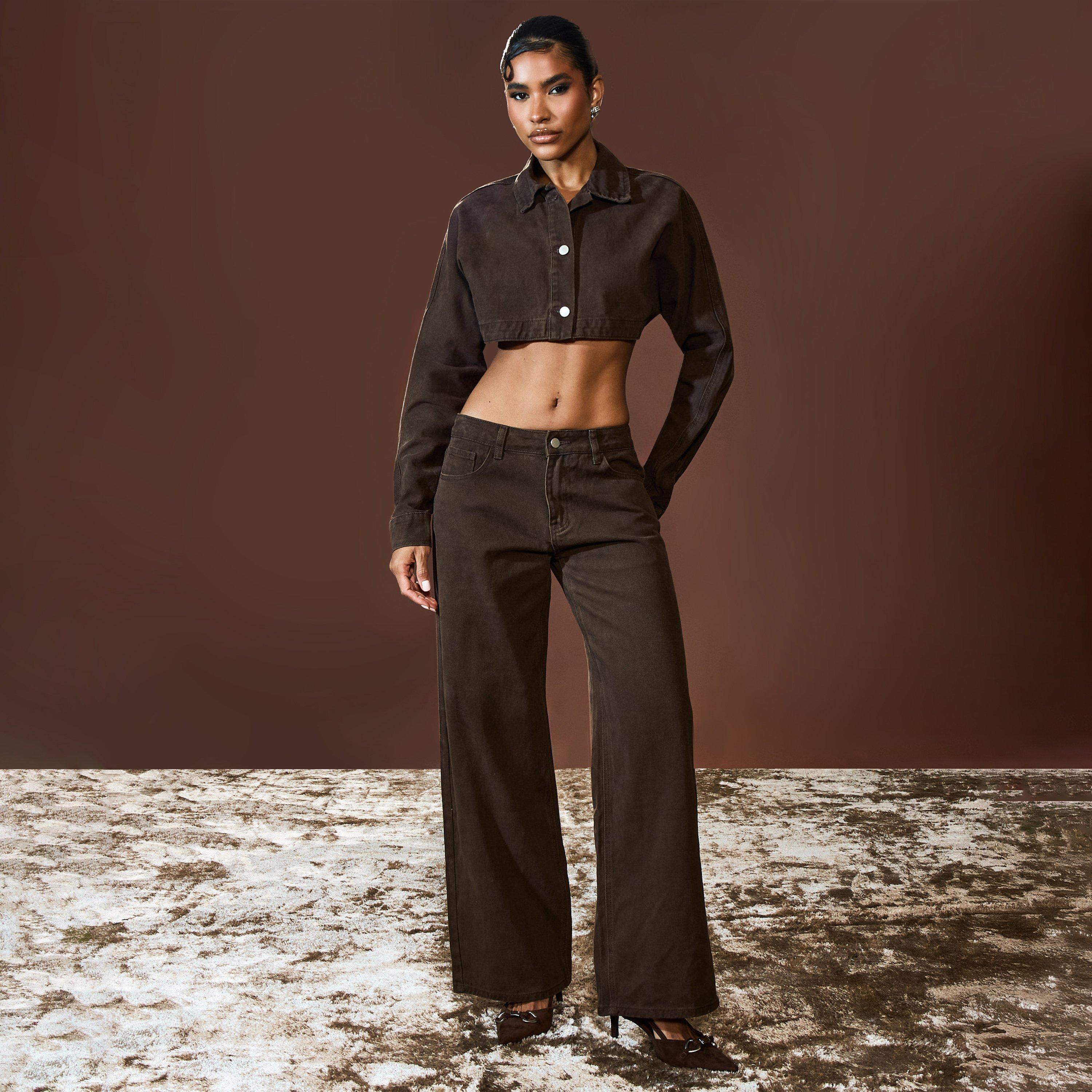 Low Rise Wide Leg Jeans In Chocolate Brown Denim, Women's Size UK 14