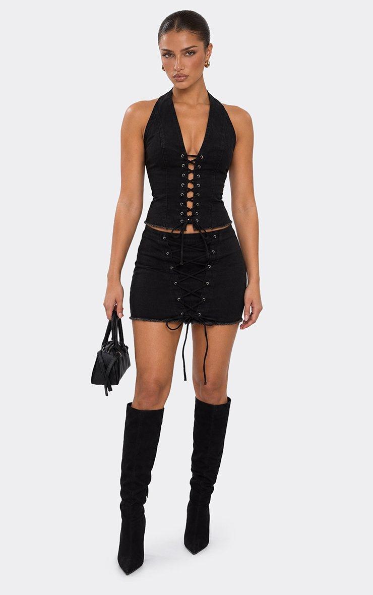 Plunge Halterneck Lace Up Front Top In Black Washed Denim