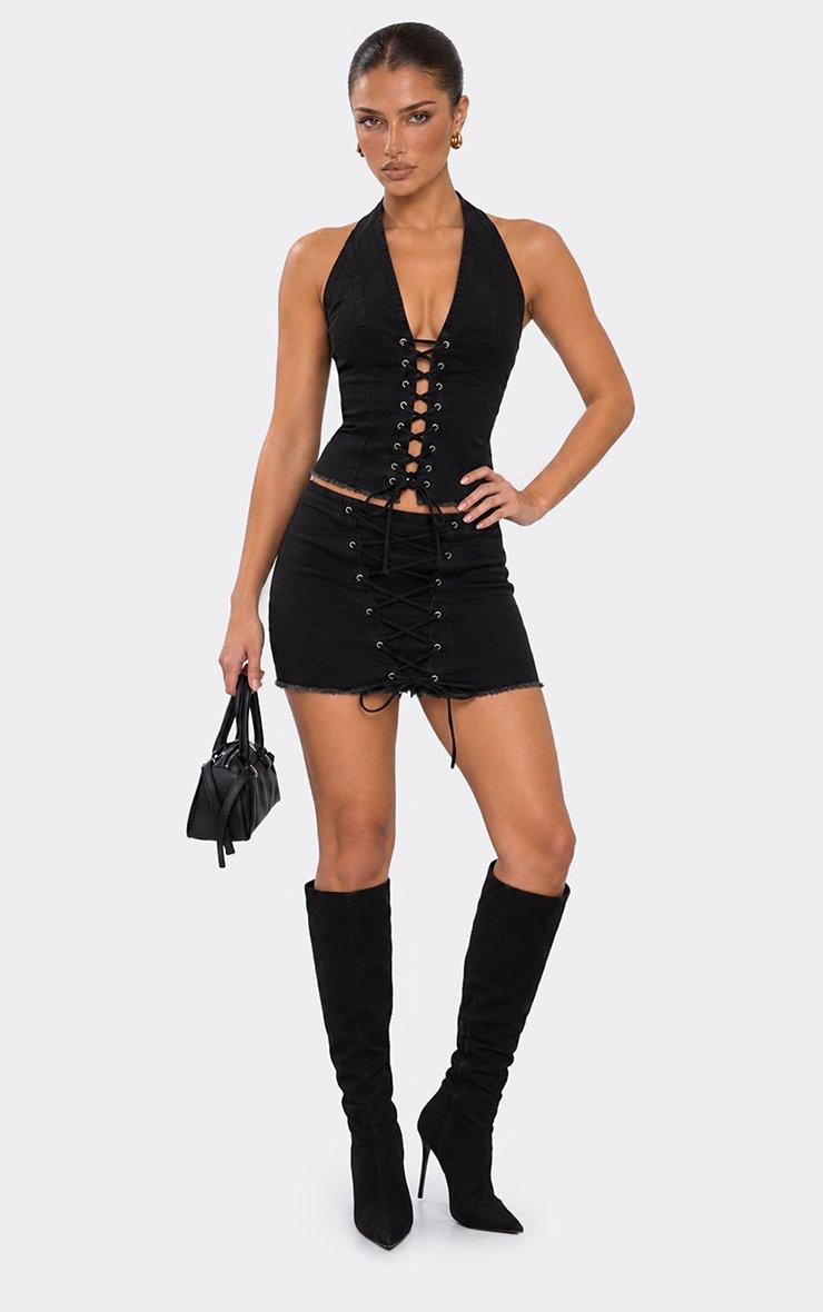 Low Rise Lace Up Mini Skirt In Black Washed Denim