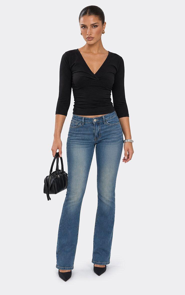 Low Rise Lace Up Back Skinny Straight Leg Jeans In Mid Blue Denim
