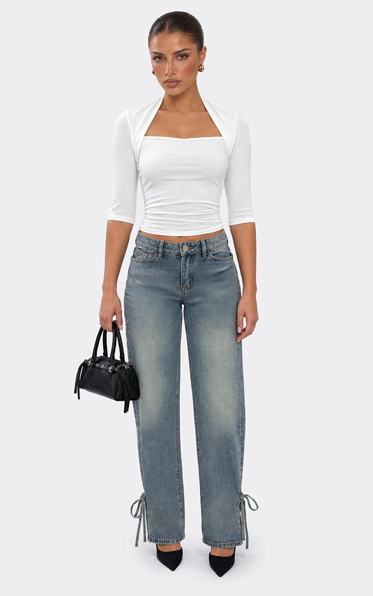 Low Rise Ankle Tie Detail Wide Leg Jeans In Washed Blue Denim