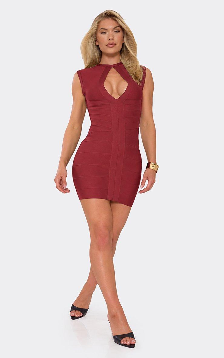 Keyhole Cut Out Mini Dress In Burgundy Bandage.