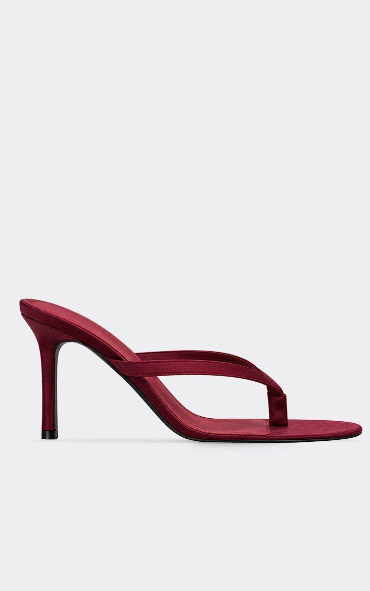 Rain Thong Strap Stiletto Heel Mule In Burgundy Satin.