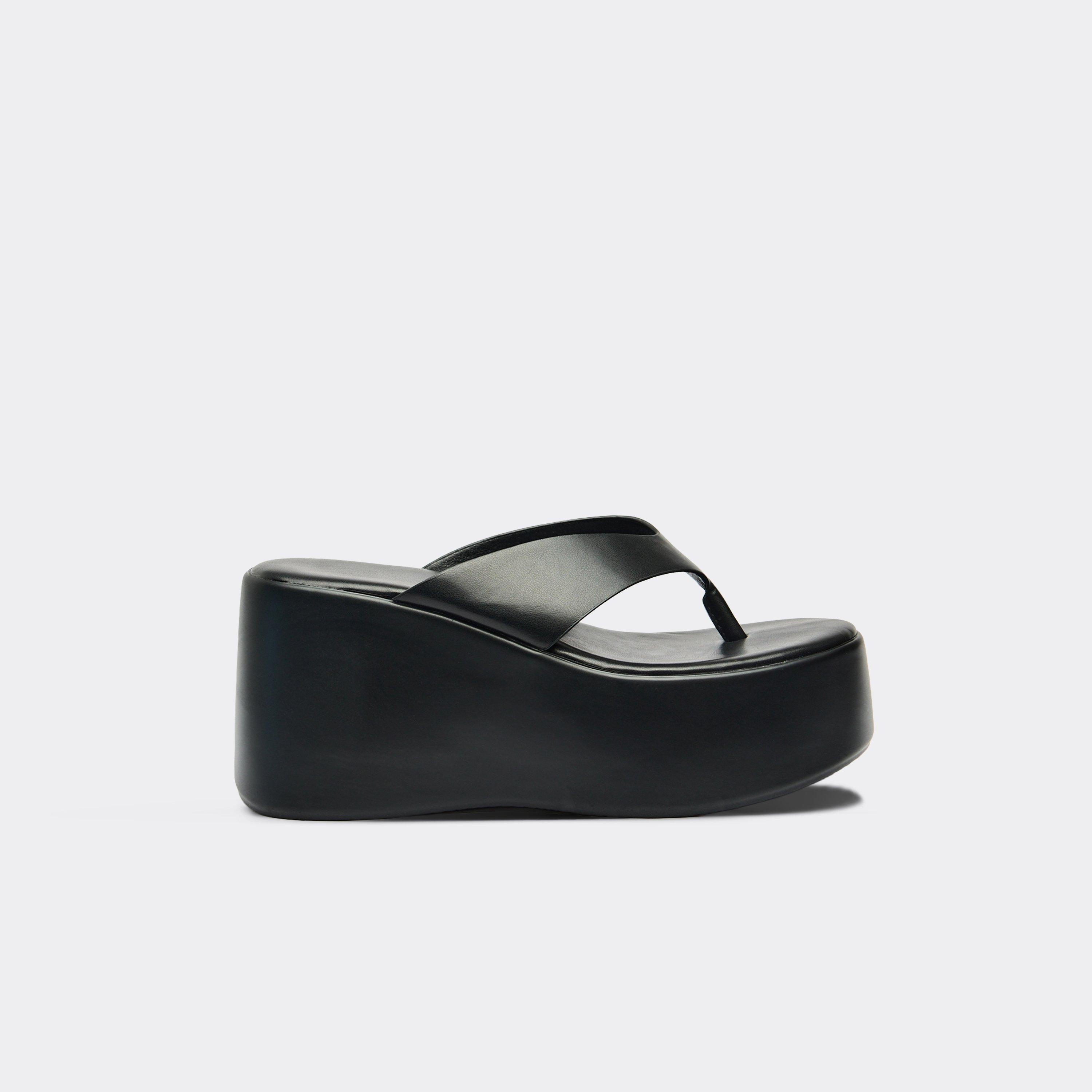 Carina Thong Strap Chunky Platform Sole Sandal In Black Faux Leather, Women's Size UK 5