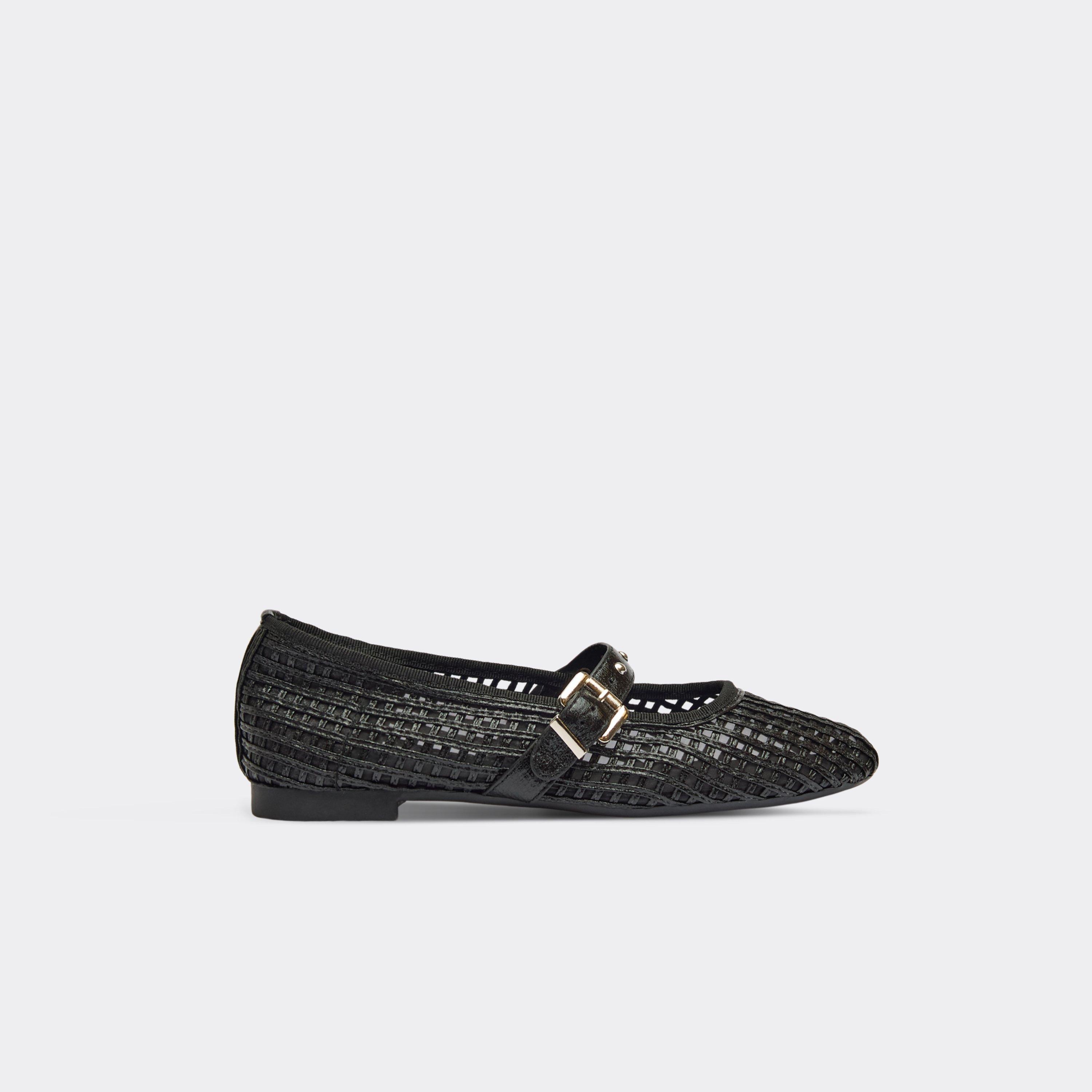 Chara Buckle Stud Strap Flat Ballet Pump In Black Woven, Women's Size UK 4