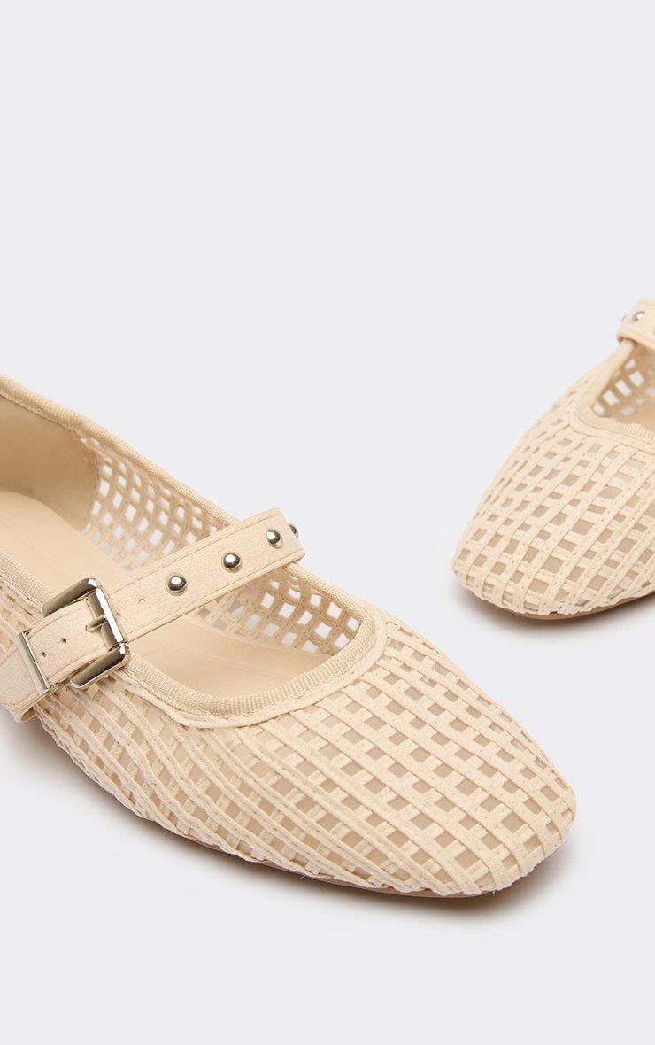 Chara Buckle Stud Strap Flat Ballet Pump In Cream Woven, Women's Size US 10 - EGO