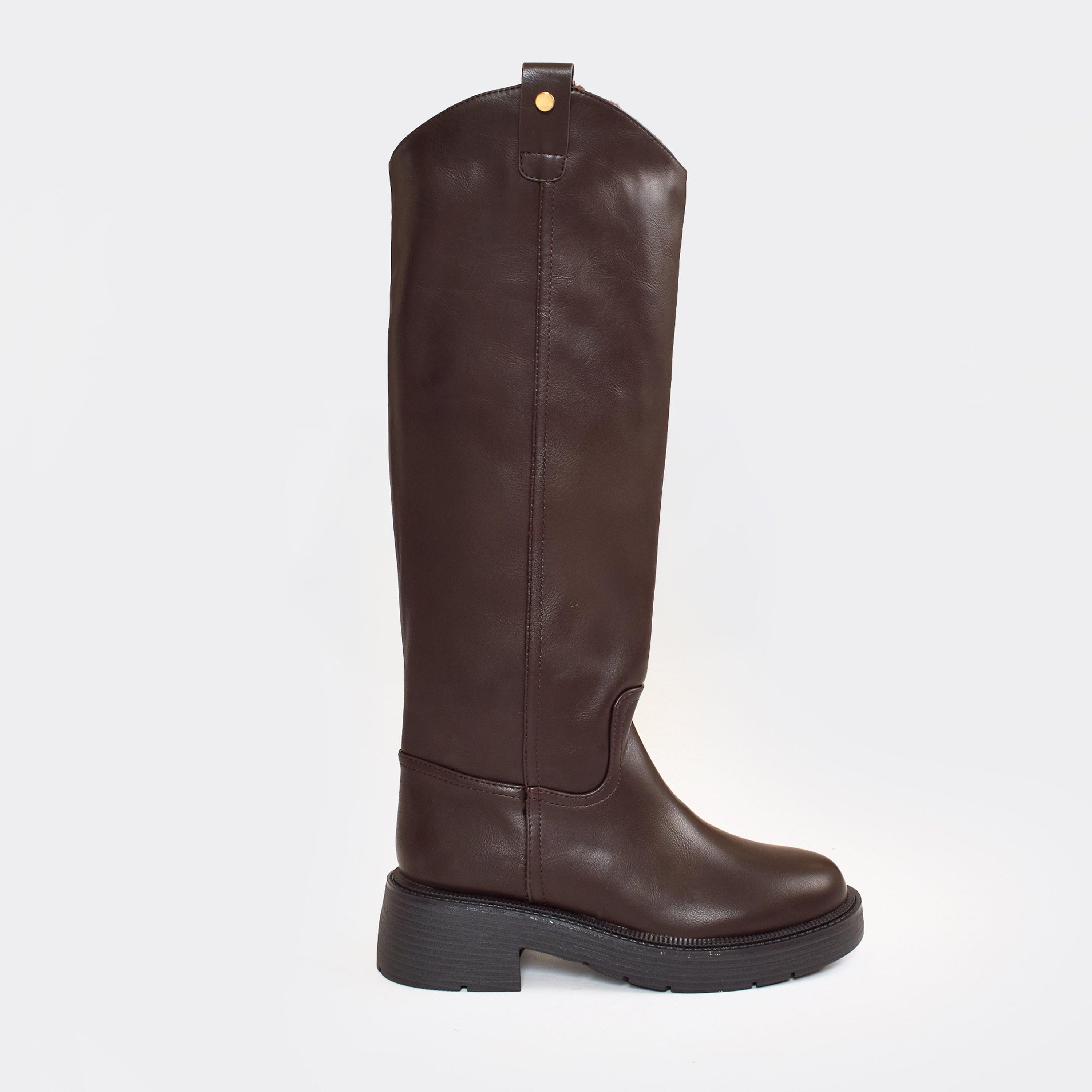 Chomp Chomp Knee High Faux Fur Lining Boot In Brown Faux Leather, Women’s