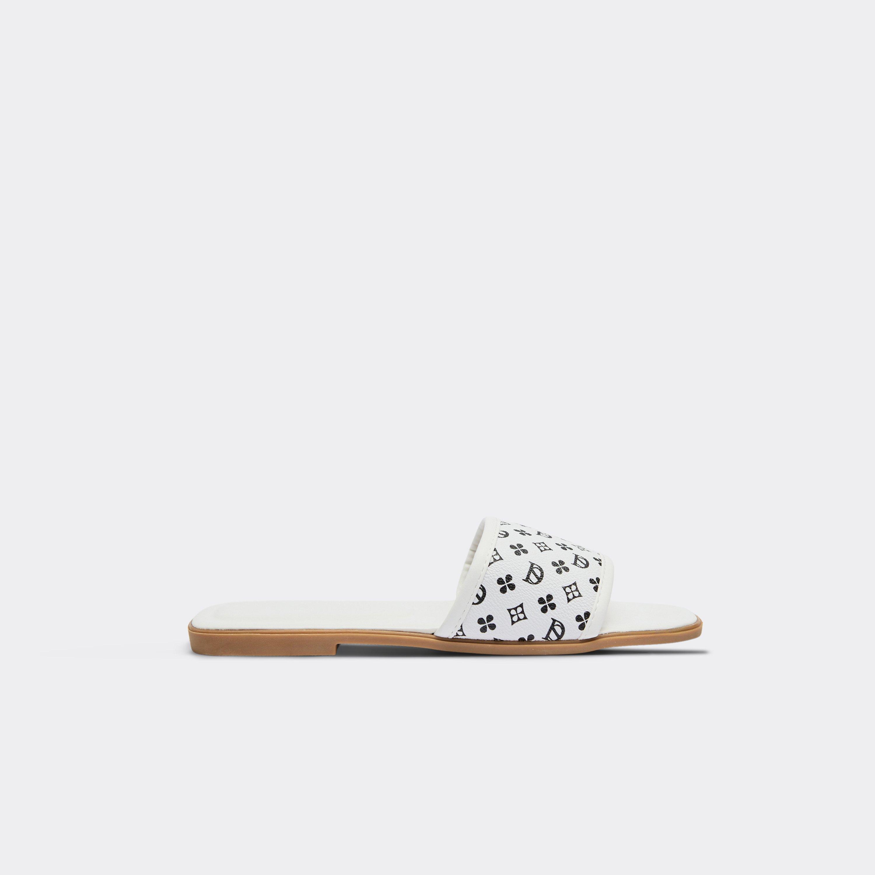 Citric Printed Strap Detail Flat Slider Sandal In White Faux Leather, Women's Size UK 3
