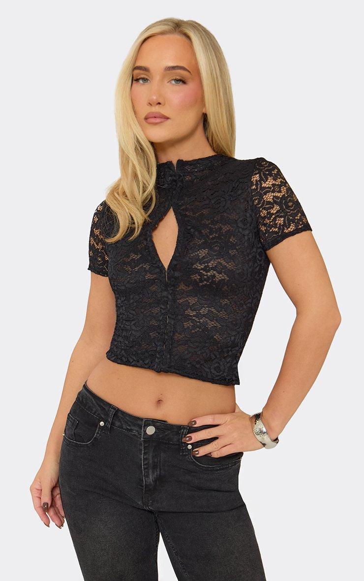 Short Sleeve Hook And Eye Cut Out Front Top In Black Lace.