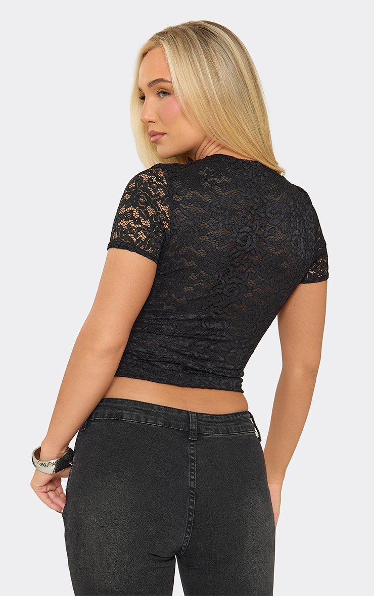 Short Sleeve Hook And Eye Cut Out Front Top In Black Lace.