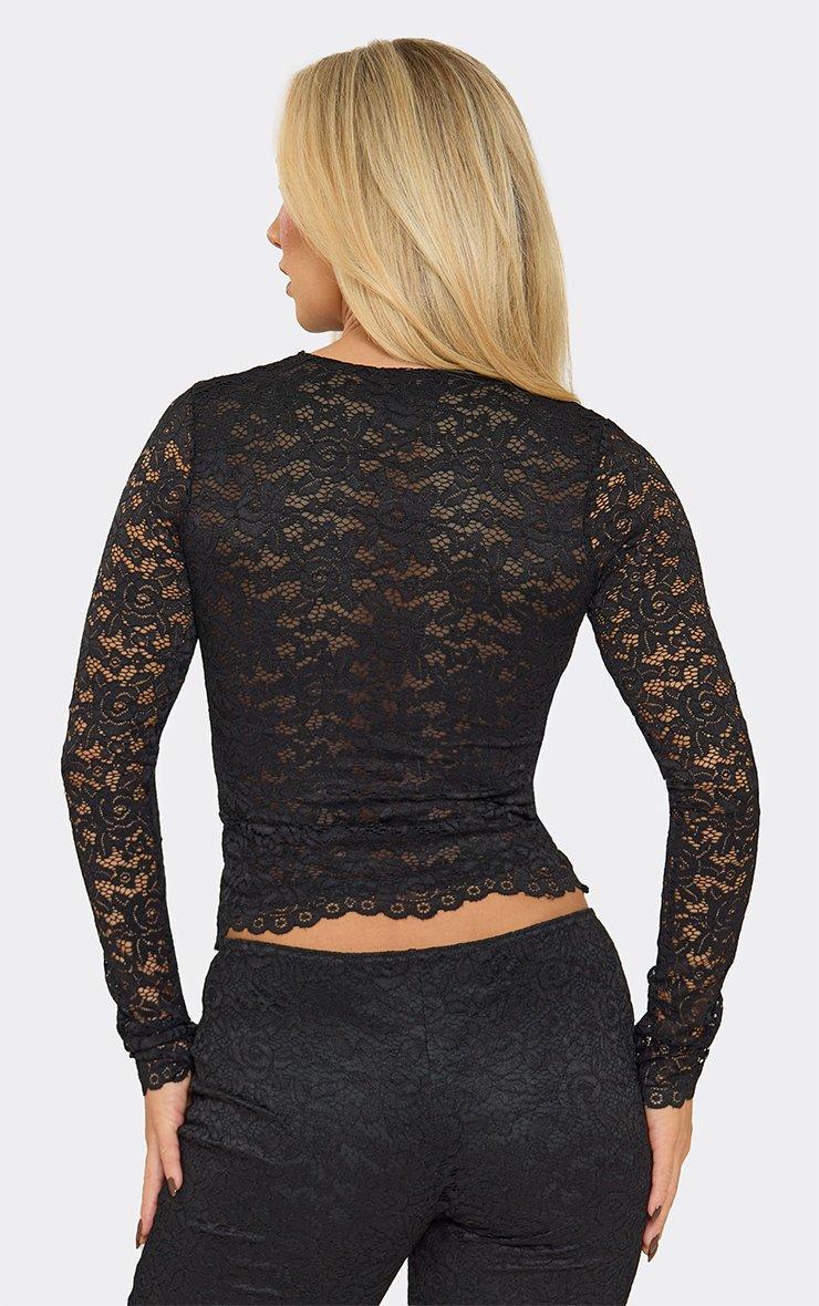 Long Sleeve Scallop Hem Keyhole Cut Out Top In Black Lace.