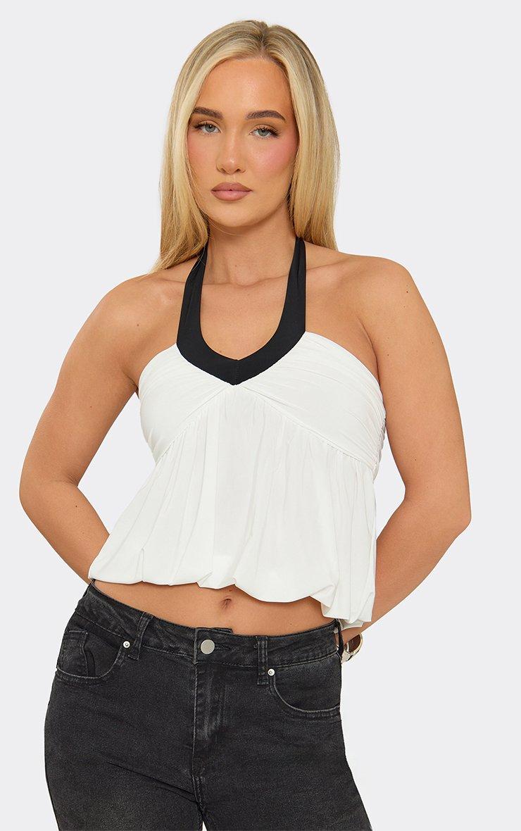 Halterneck Contrast Hem Blouson Top In Cream.