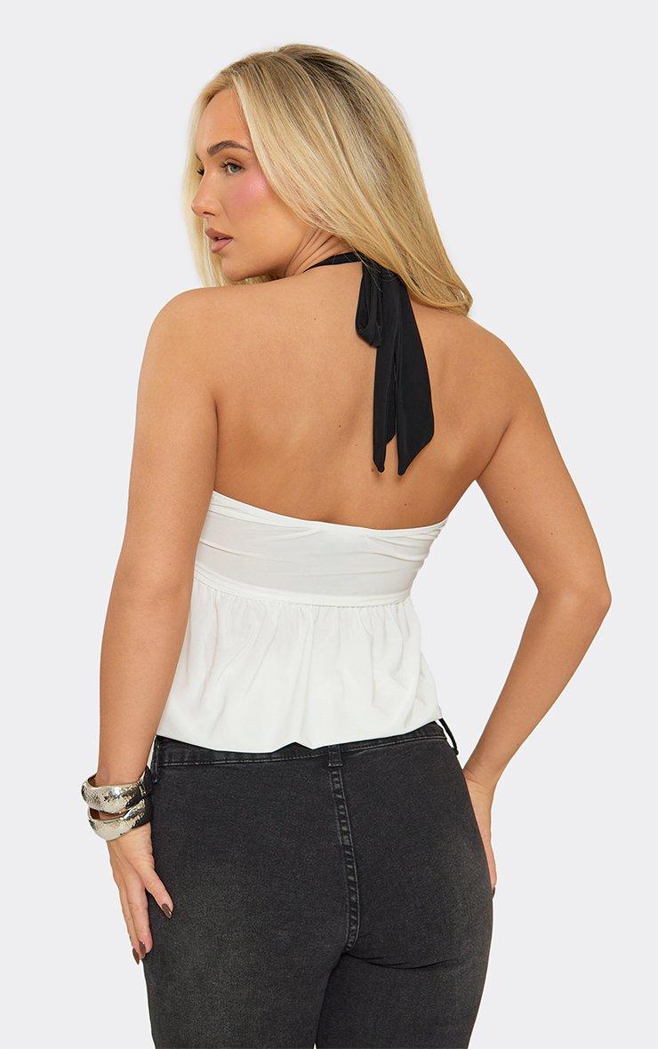 Halterneck Contrast Hem Blouson Top In Cream.