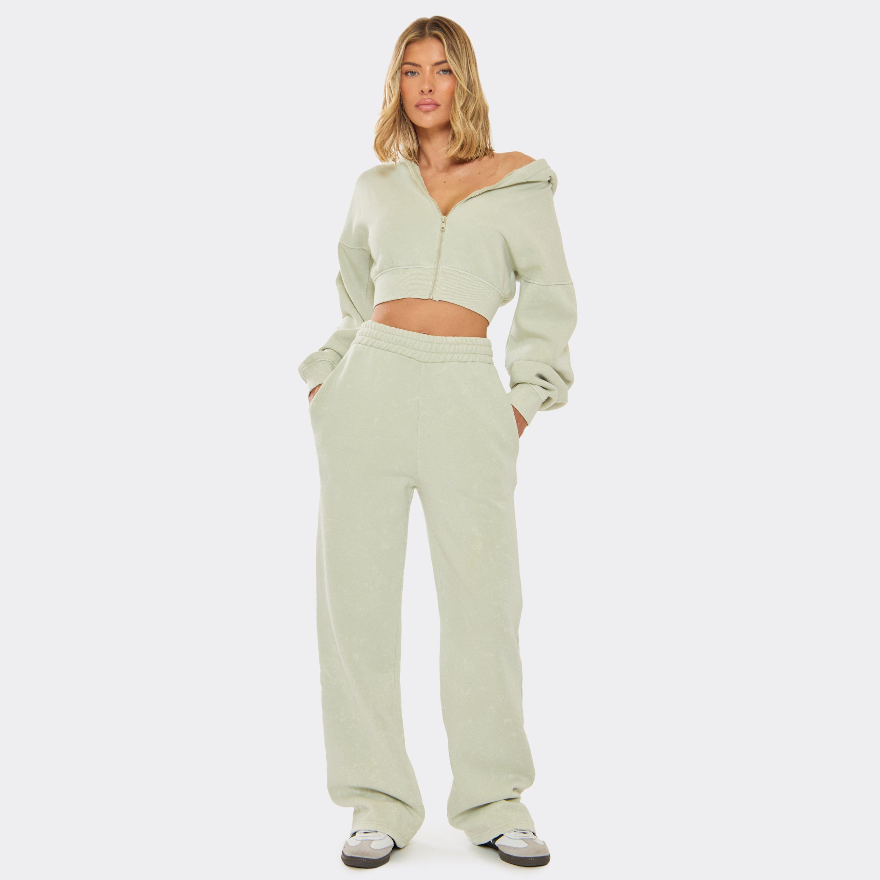 High Waist Oversized Wide Leg Joggers In Washed Sage Green, Women's Size UK 6