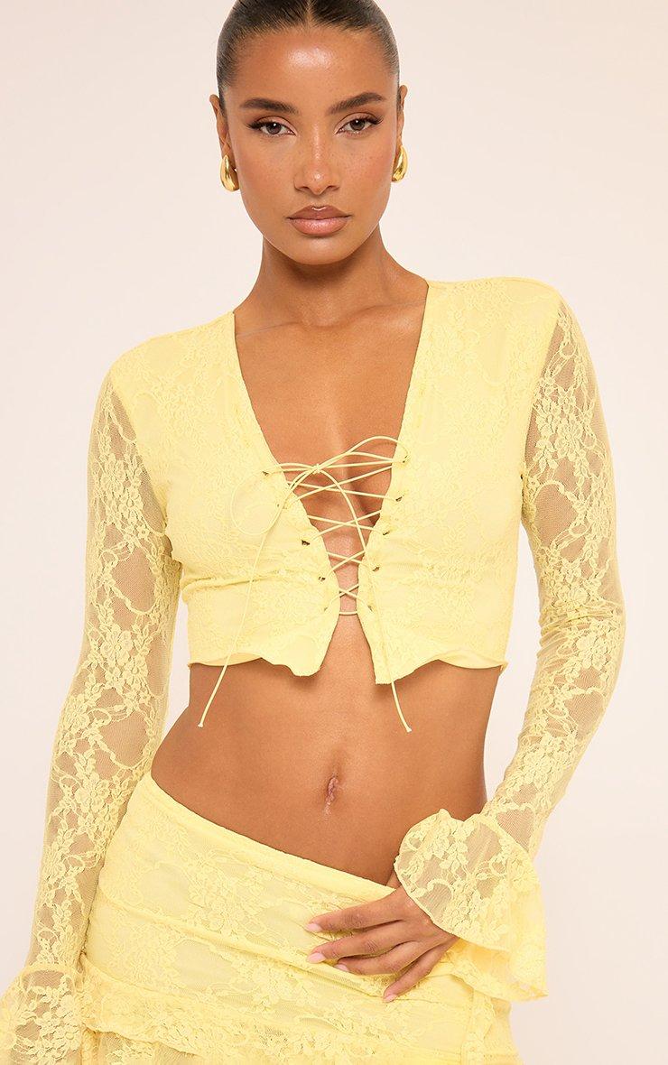 Long Sleeve Frill Detail Lace Up Front Crop Top In Yellow