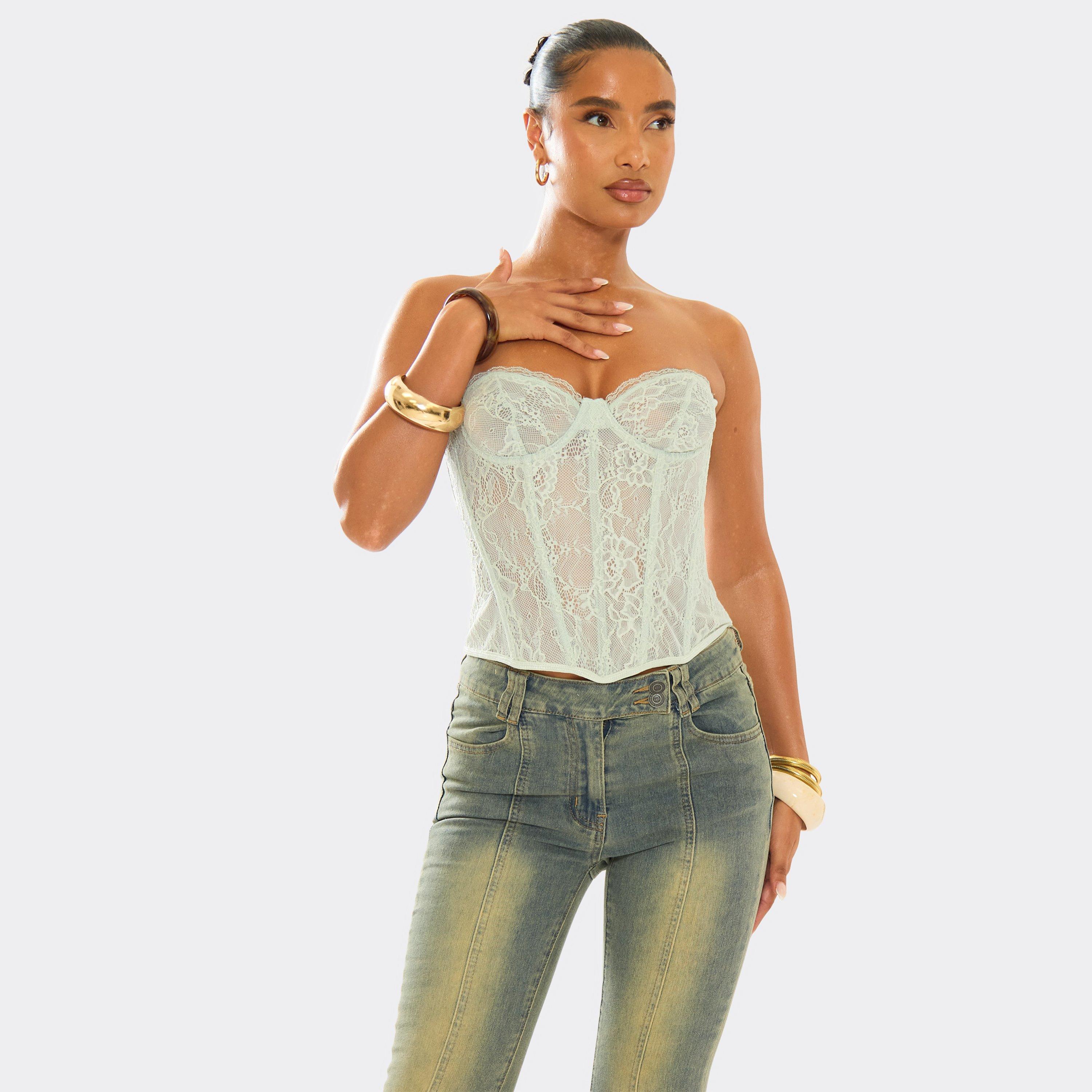 Bandeau Structured Detail Corset Top In Green Lace, Women’s