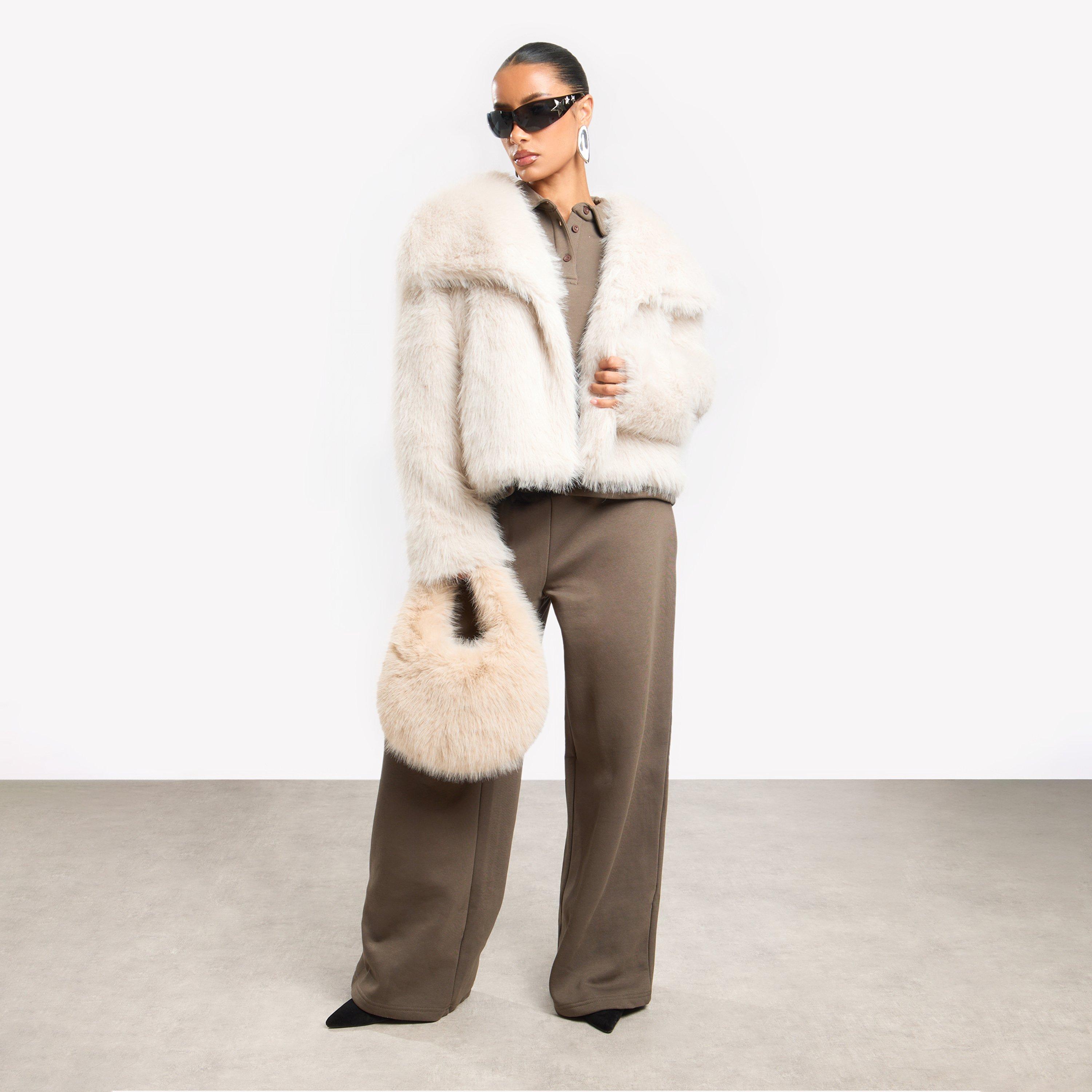 Oversized Collar Cropped Detail Jacket In Mink Faux Fur, Women's Size UK 12