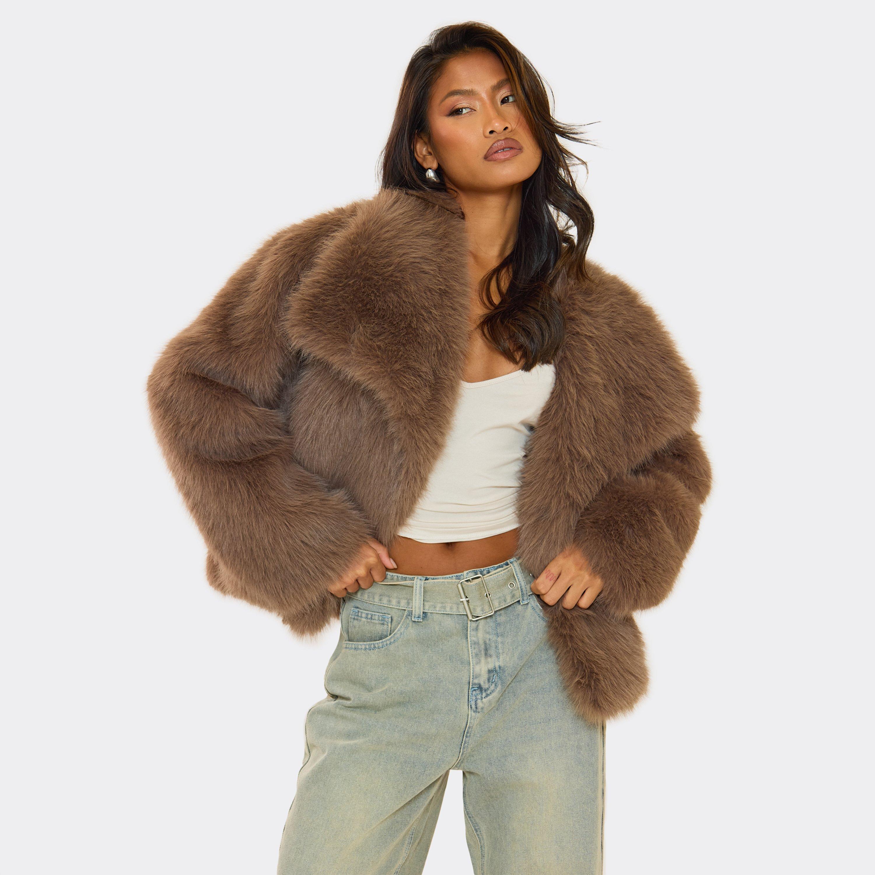 Oversized Collar Detail Cropped Fur Jacket In Taupe, Women's Size UK 16