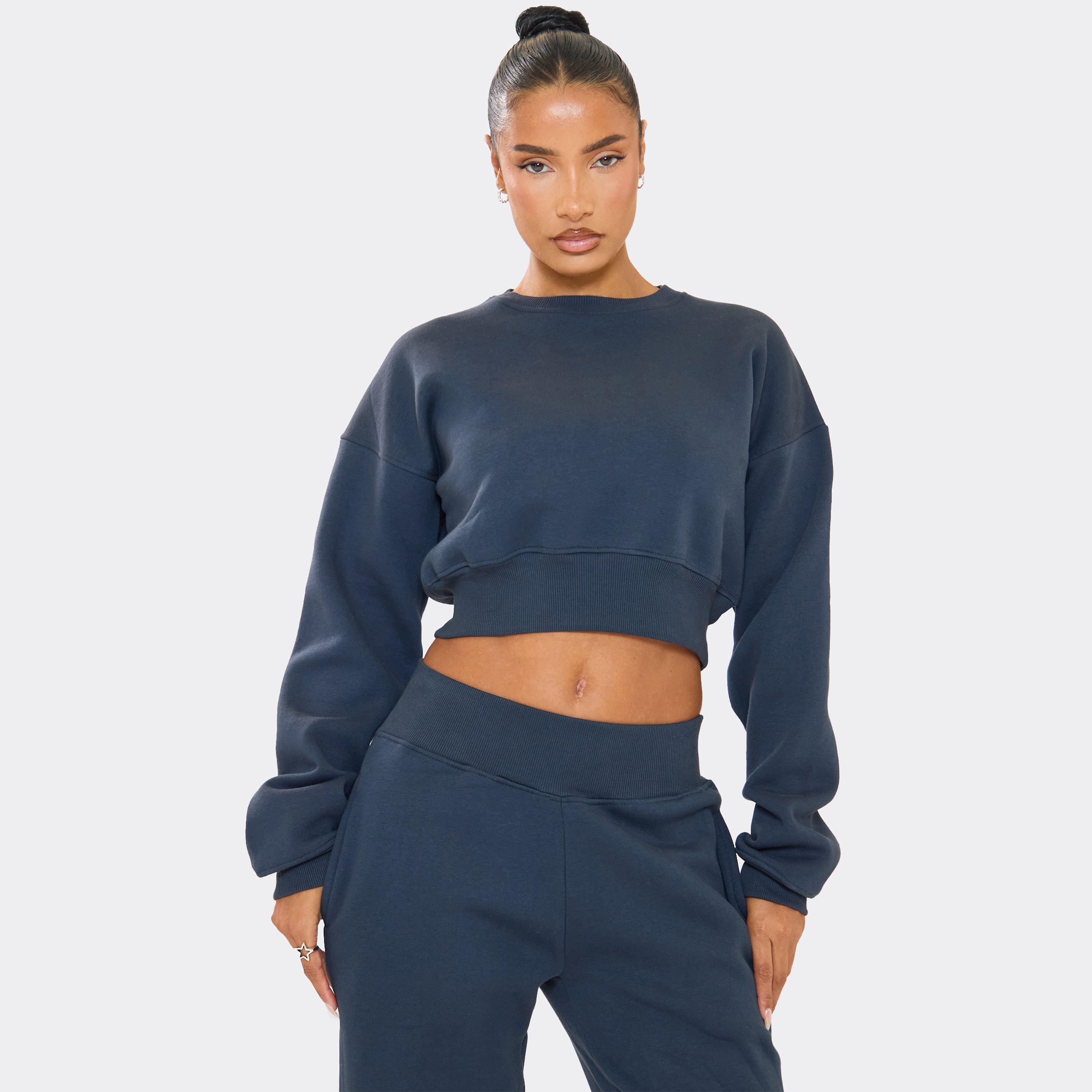 Long Sleeve Elasticated Waist Detail Cropped Sweater In Navy, Women’s