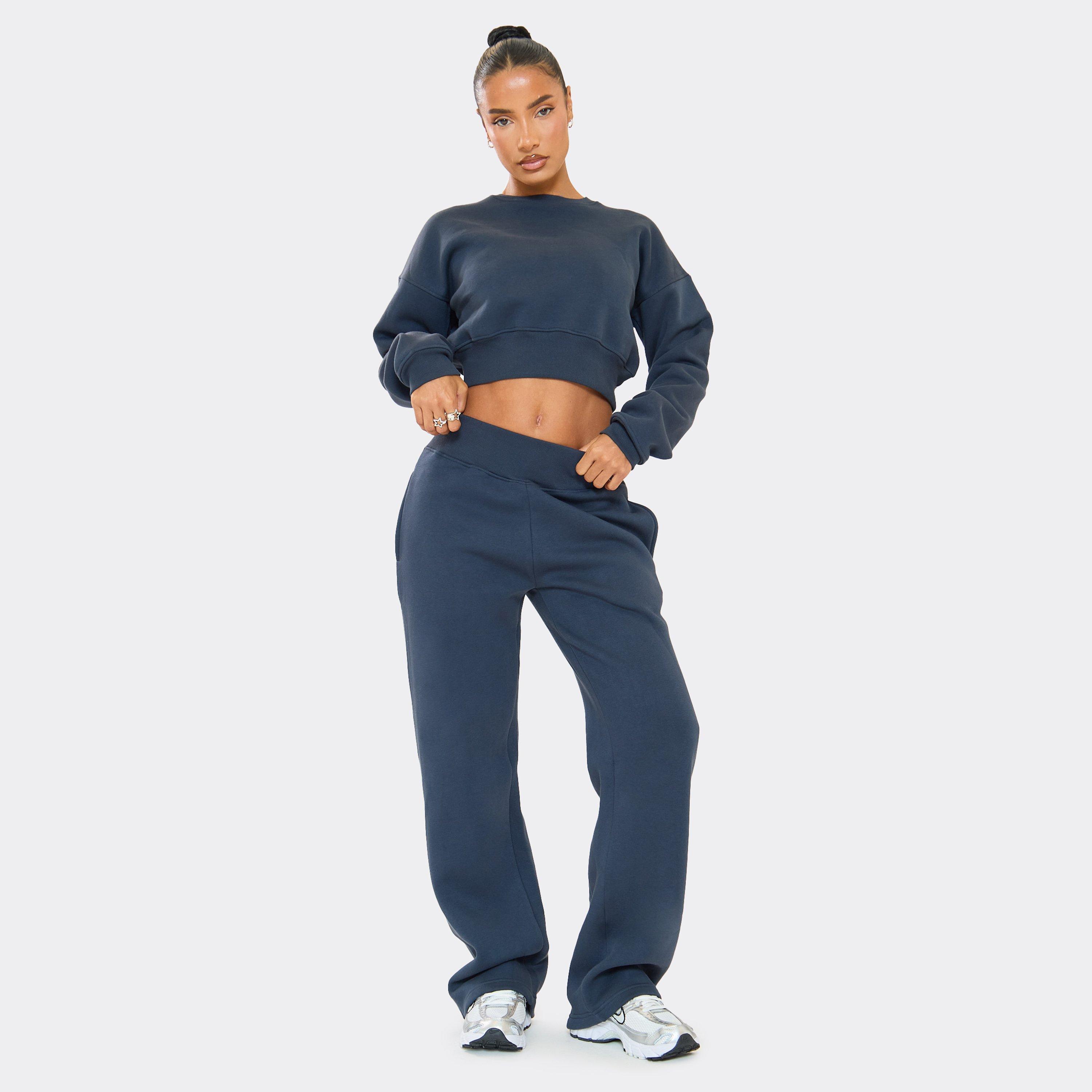 Elasticated Waist Detail Wide Leg Joggers In Navy, Women's Size UK 10