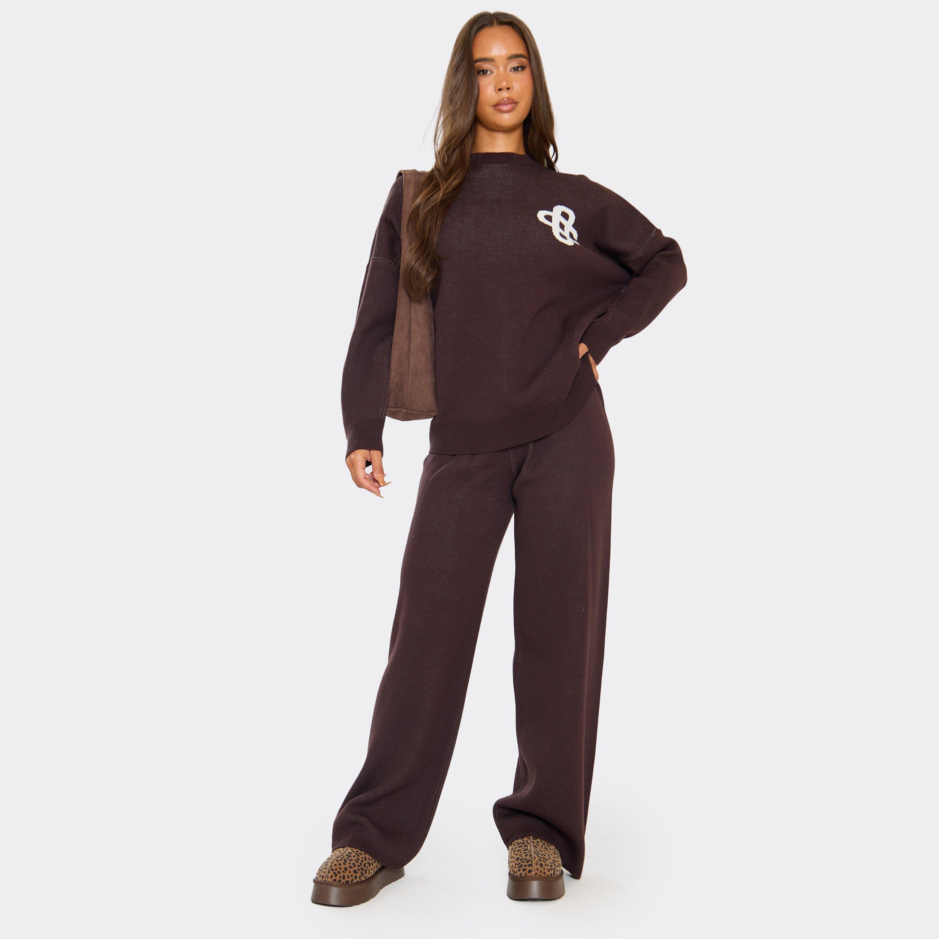 High Waist Wide Leg Joggers In Chocolate Brown Knit, Women’s