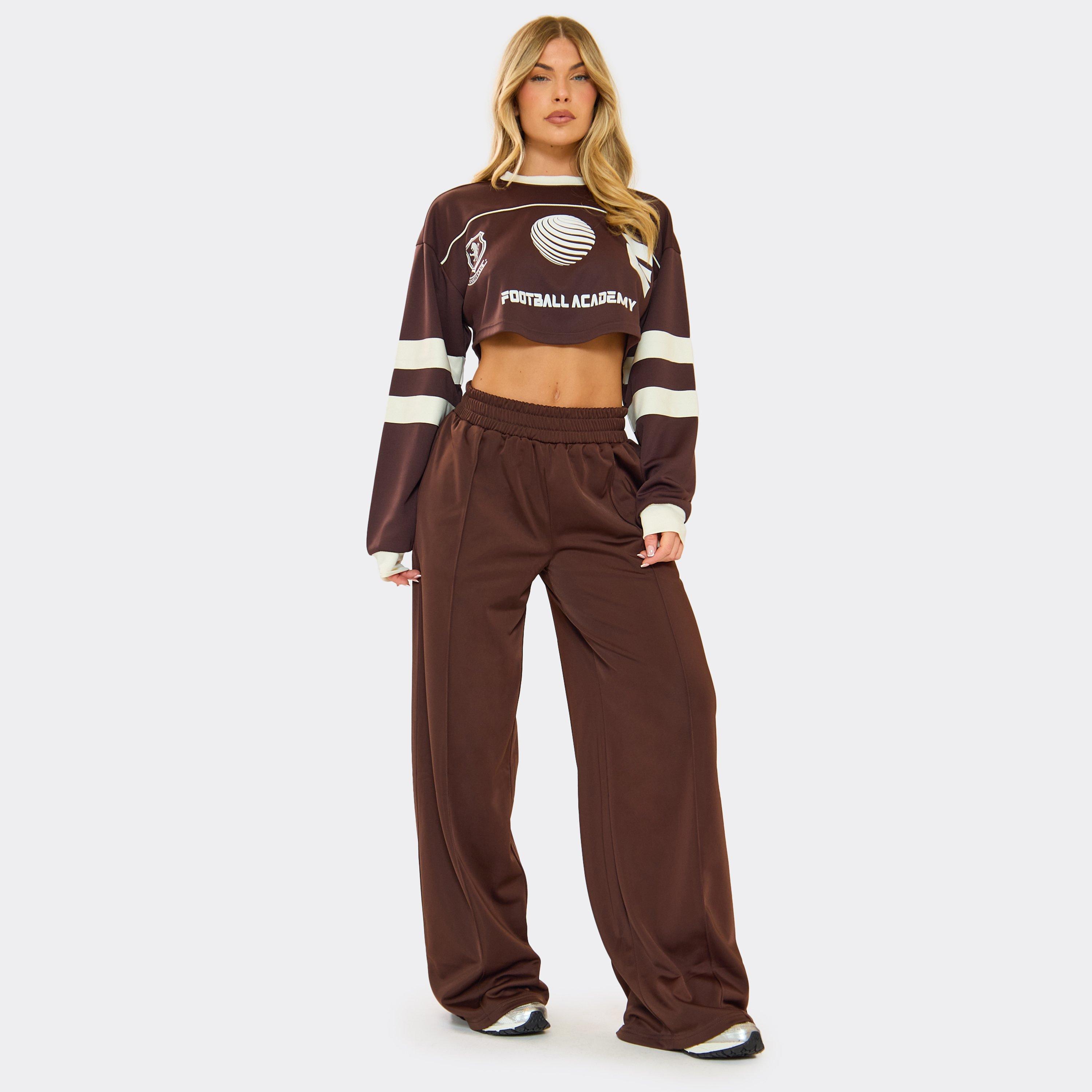 Image of Long Sleeve Contrast Detail Curved Hem Football Top In Chocolate Brown, Women's