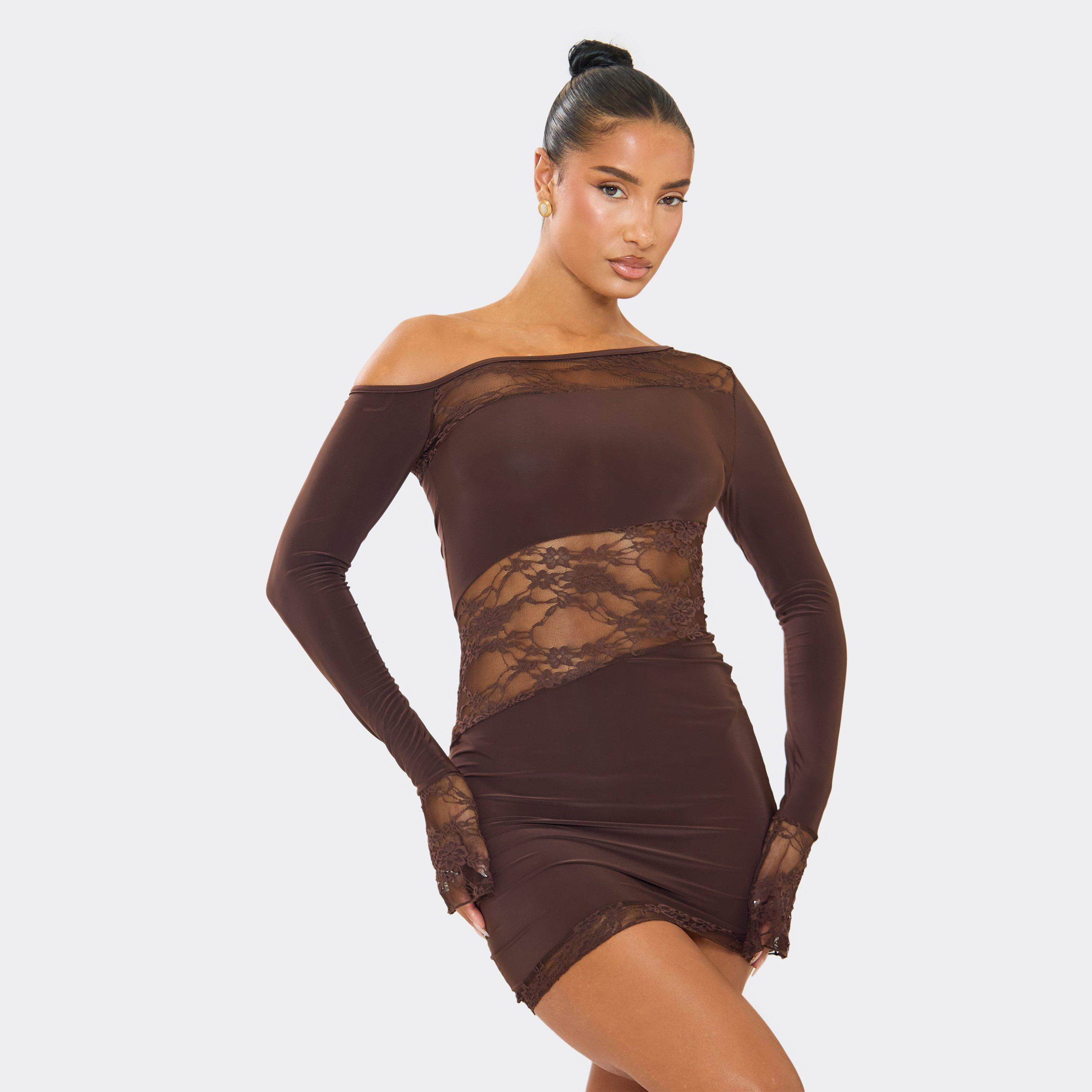 Off The Shoulder Lace Insert Detail Mini Bodycon Dress In Chocolate Brown, Women’s