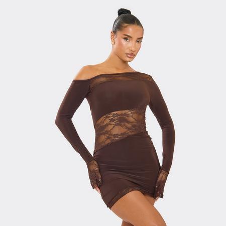Off The Shoulder Lace Insert Detail Mini Bodycon Dress In Chocolate Brown, Women's Size US