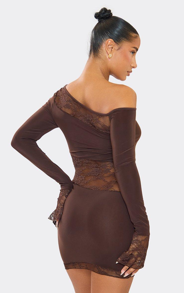 Off The Shoulder Lace Insert Detail Mini Bodycon Dress In Chocolate Brown, Women's Size US 6 - EGO